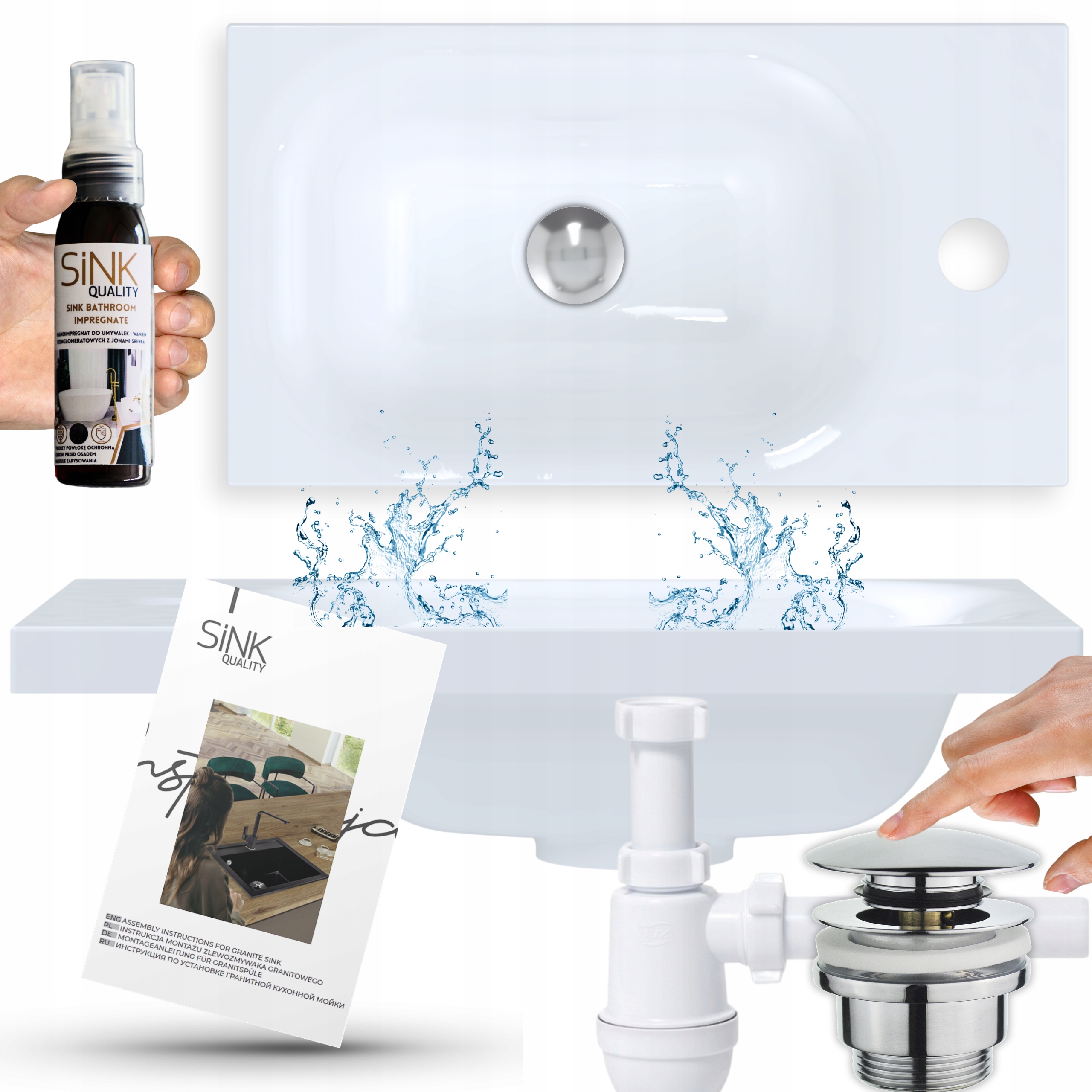 Sada Umyvadla Zapuštěná Do Desky Bílá Konglomerát Sifon A Zátka Klik Klak