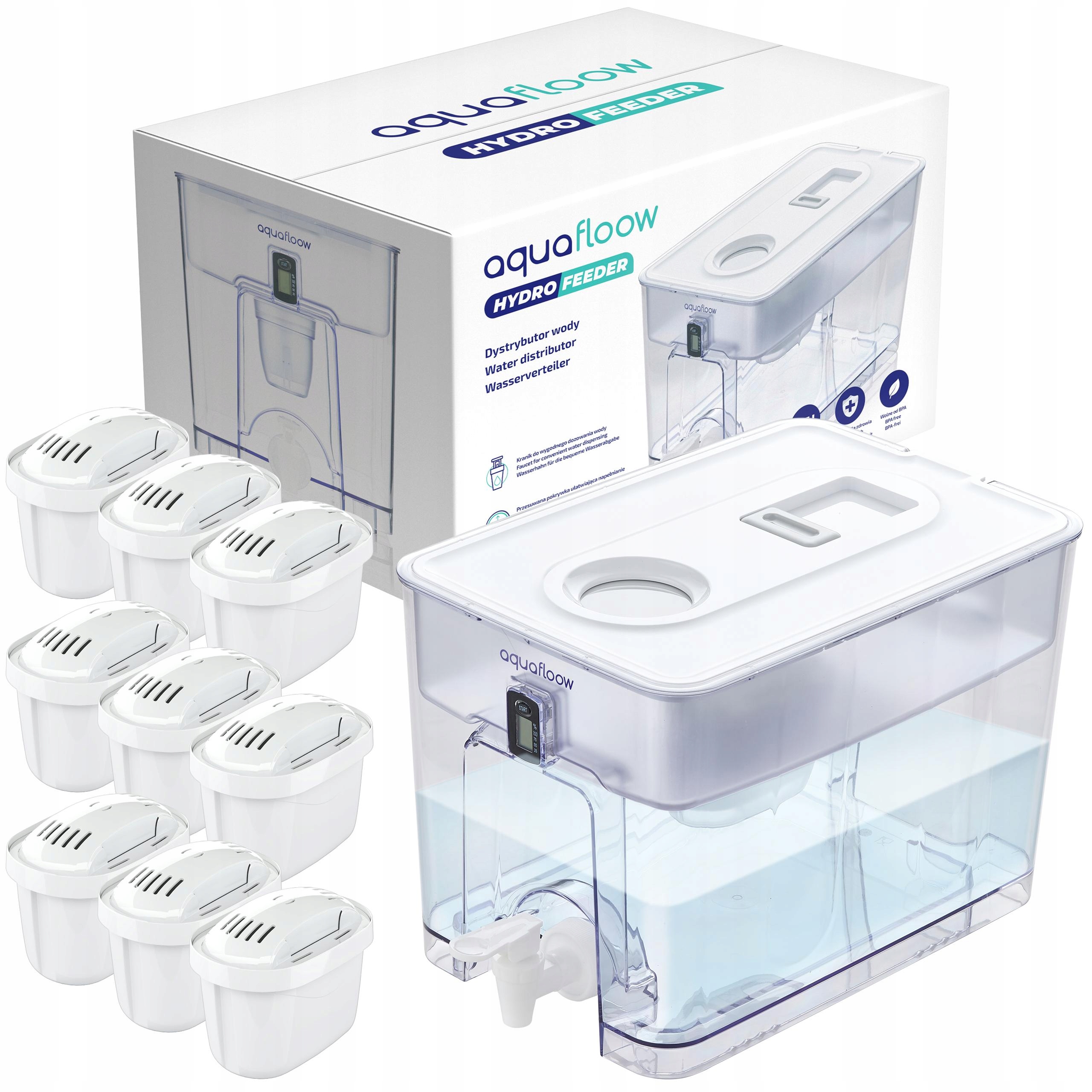 AquaFloow: rozdeľovač vody XL 9,5 l, dávkovač vody 9 x vodný filter