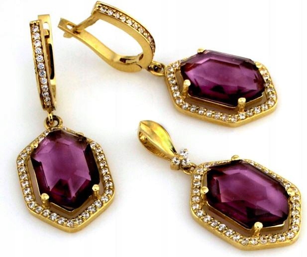 Zlatý komplet 585 elegantní přívěsek a náušnice s fialovou zirkonií 14k