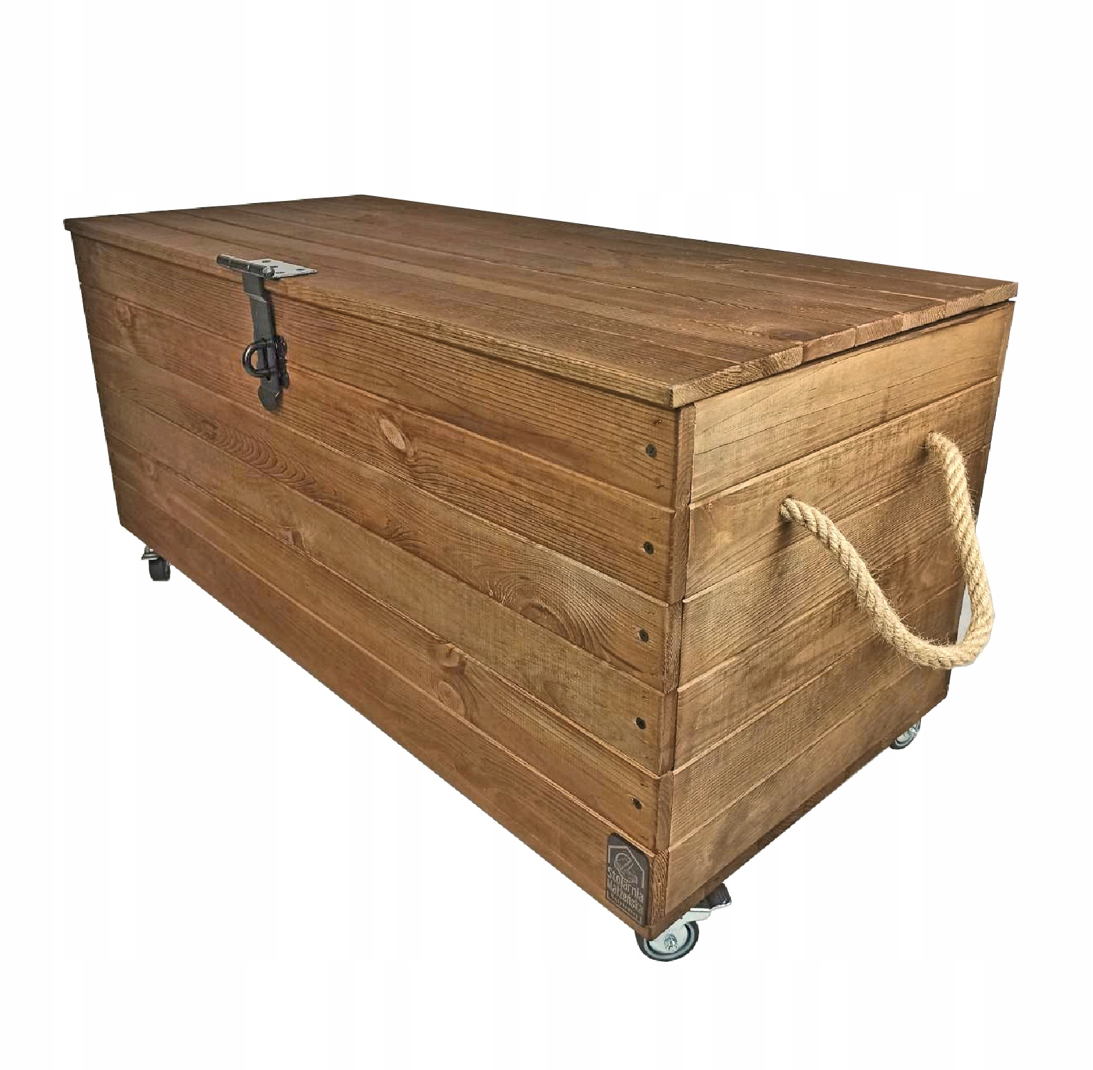 DREWNIANA SKRZYNIA NA KÓŁKACH KUFER Z UCHWYTAMI