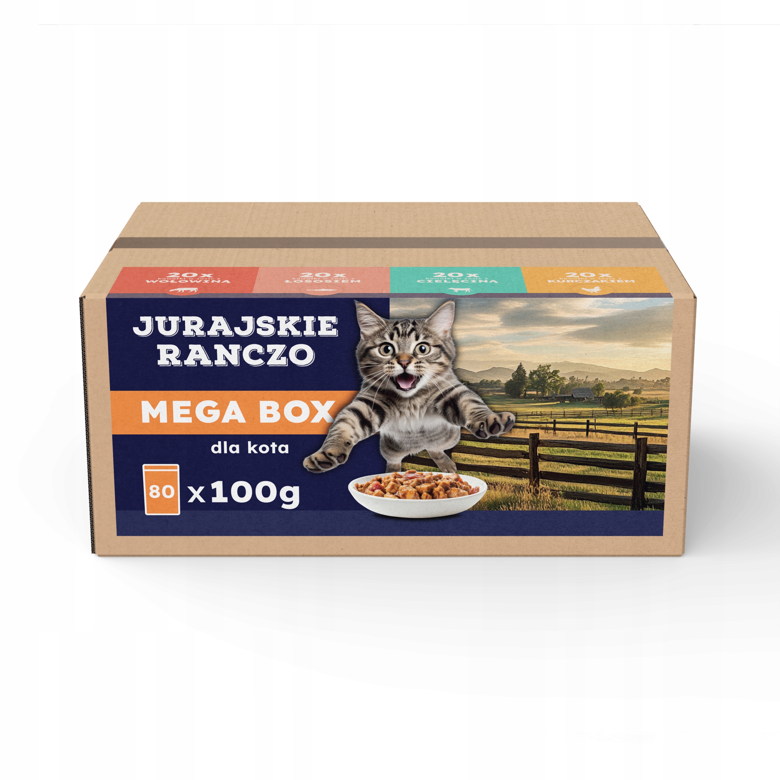 Levně Krmivo mokré pro kočky Jurské Ranč hovězí telecí kuře 80 x 100 g