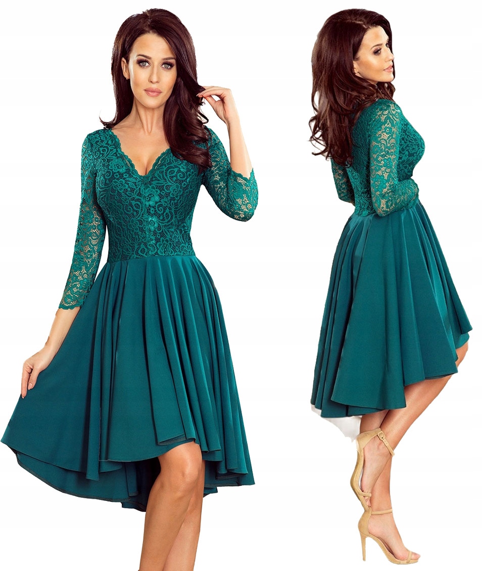 Asymetrická Šaty S Krajkovým Výstřihem, Delší Zadní Část Lahvově Zelená Zeleň