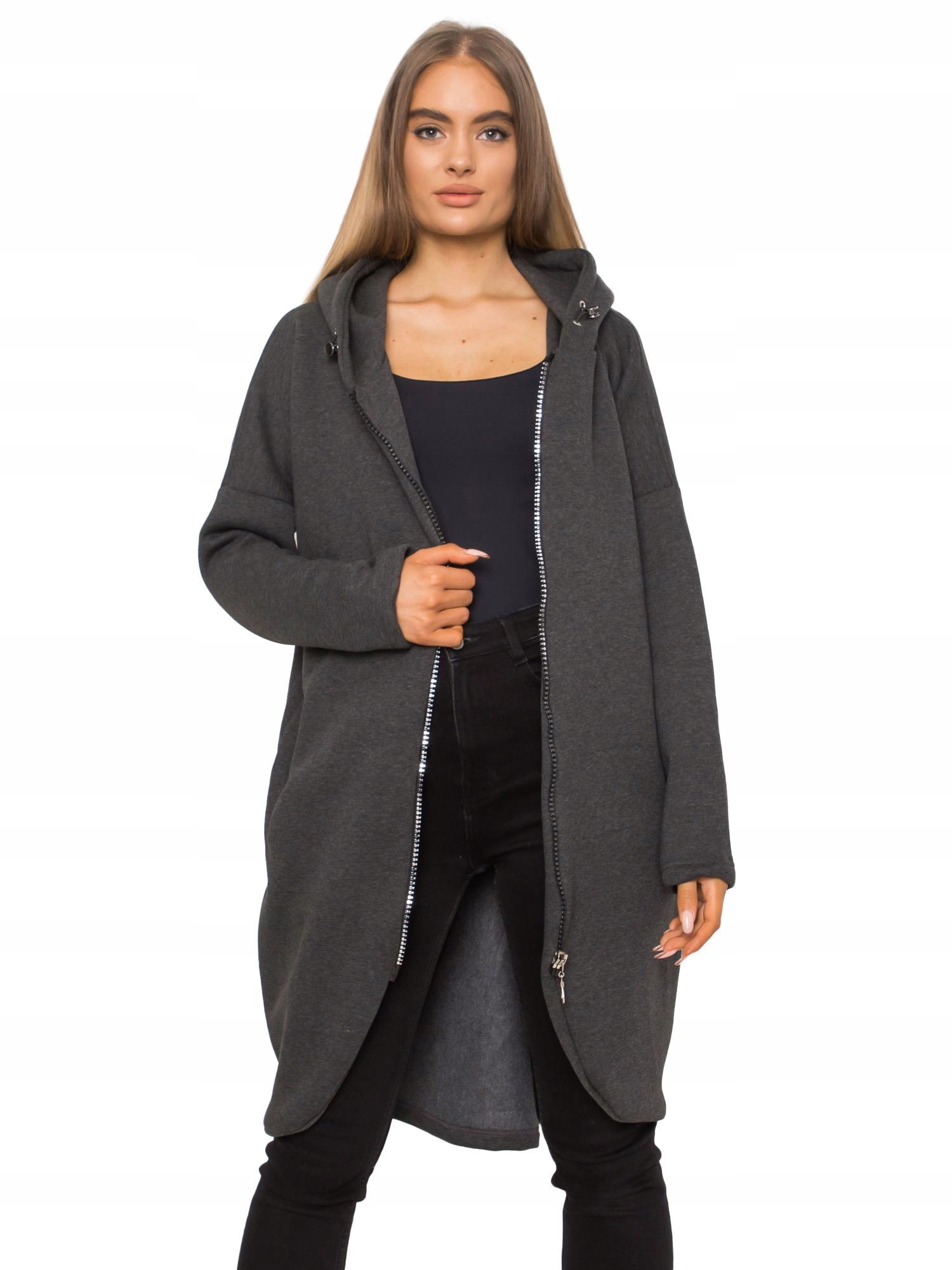 Bluza Damska rozpinana długa z kapturem ciepła asymetryczna