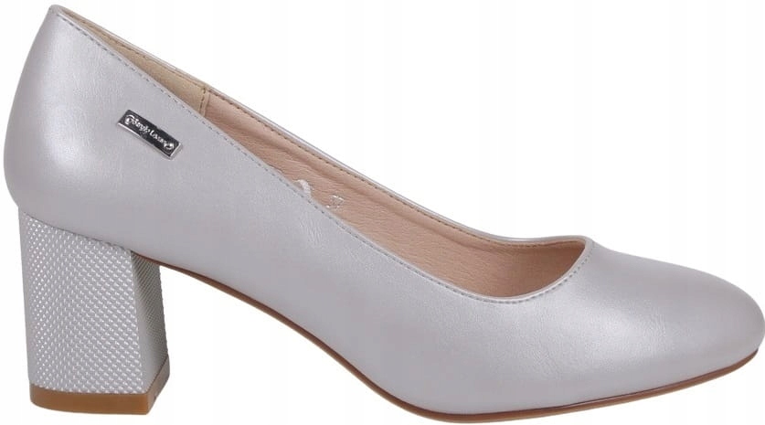 DAMSKIE CZÓŁENKA BUTY NA OBCASIE STABILNE SREBRNE PERŁOWE KARBOWANY OBCAS Oryginalne opakowanie producenta pudełko