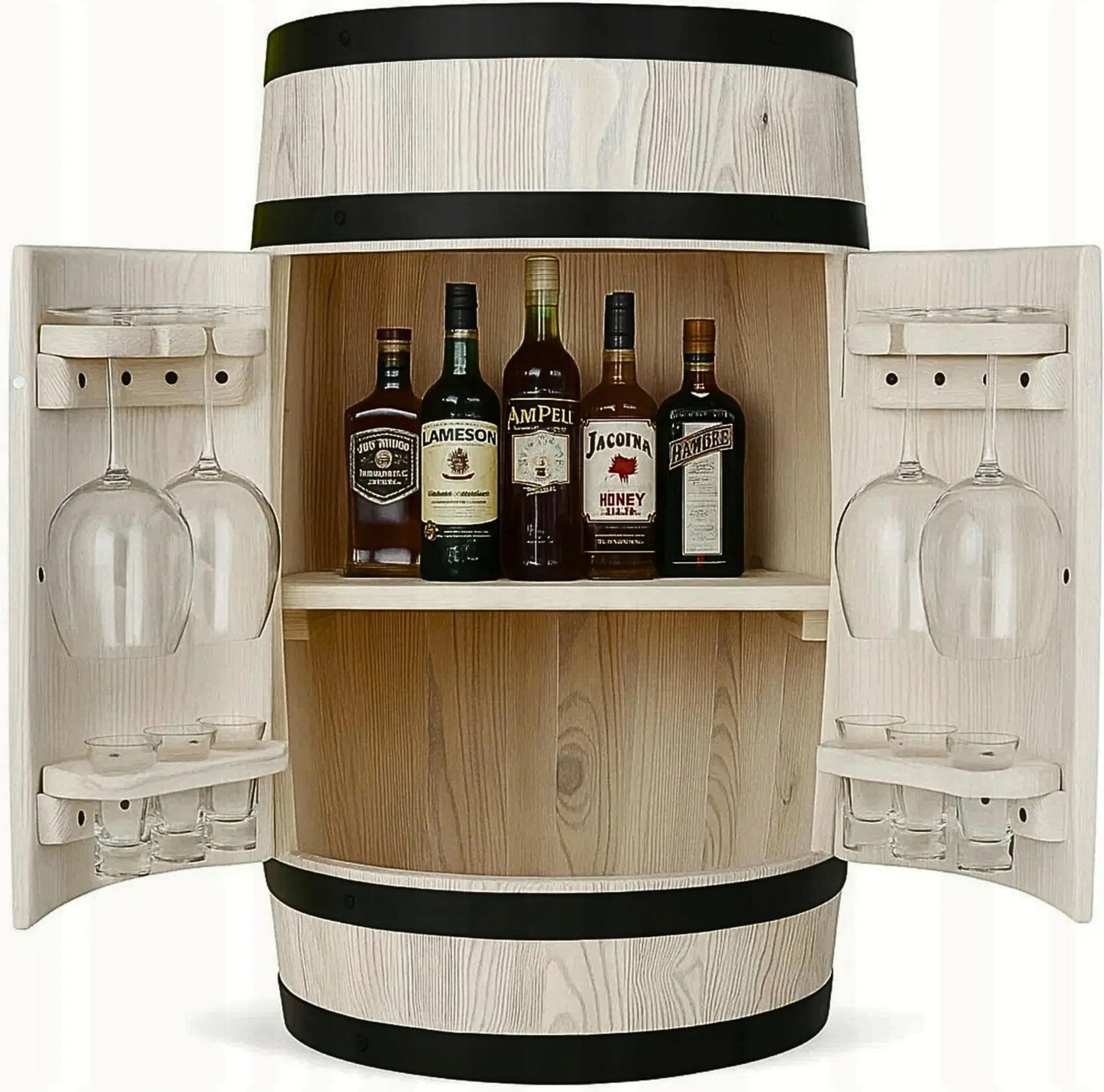 Drevený bar na alkohol, sud na víno s držiakmi na poháre, 80 x 55 cm
