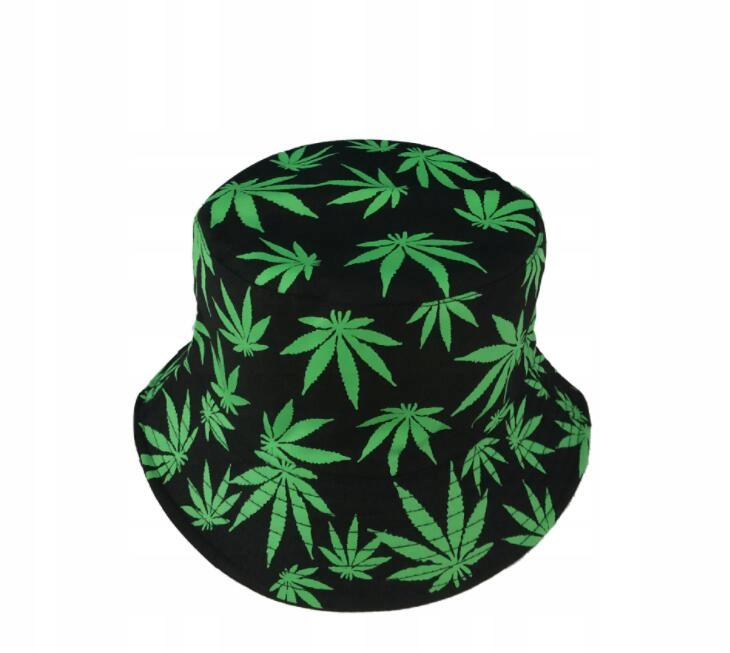 

Bucket Hat, Czarny Kapelusz Rybaka Zielone Liście