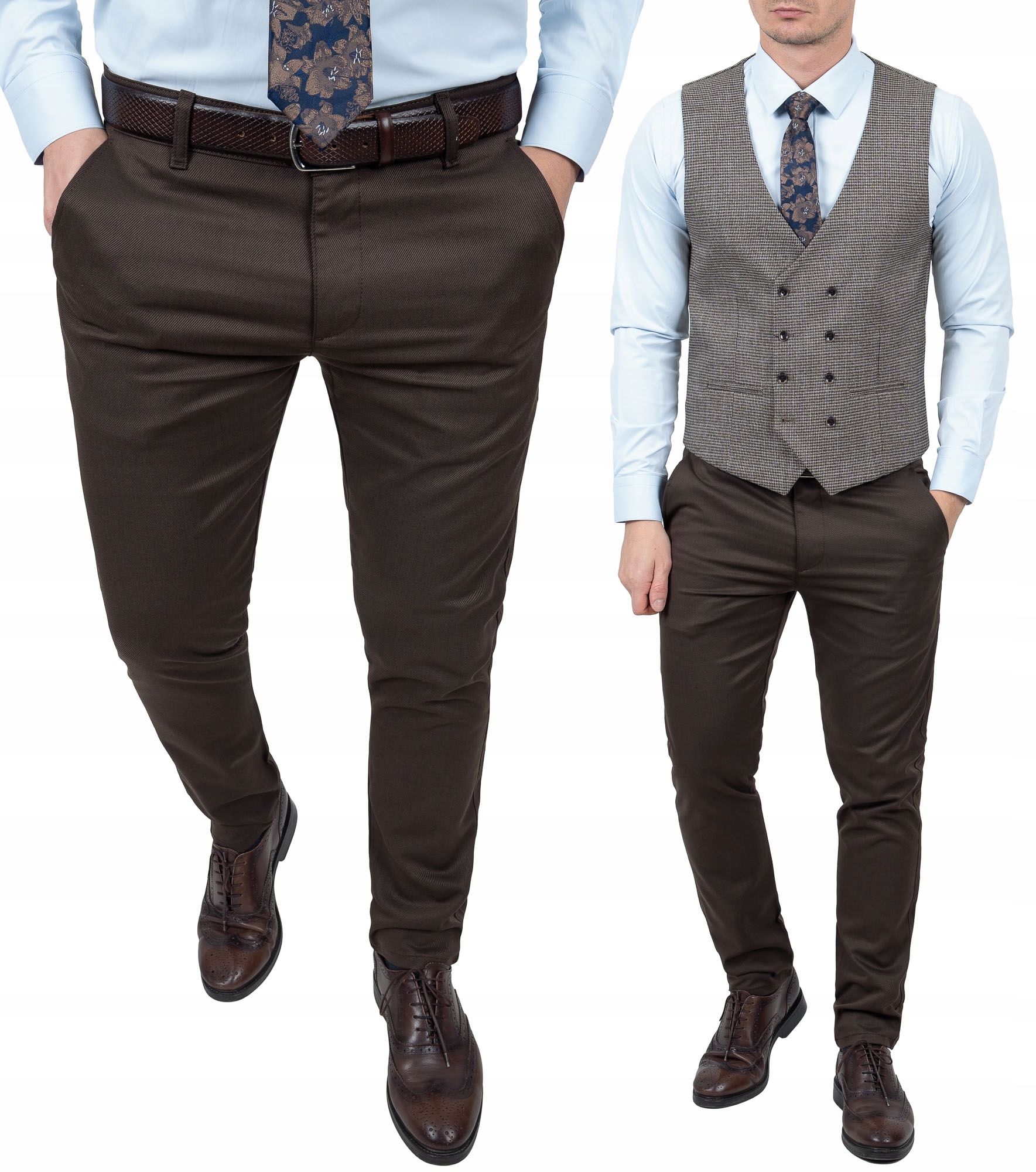 Wizytowe Spodnie Męskie Brązowe Gładkie Slim Fit Dopasowane 36
