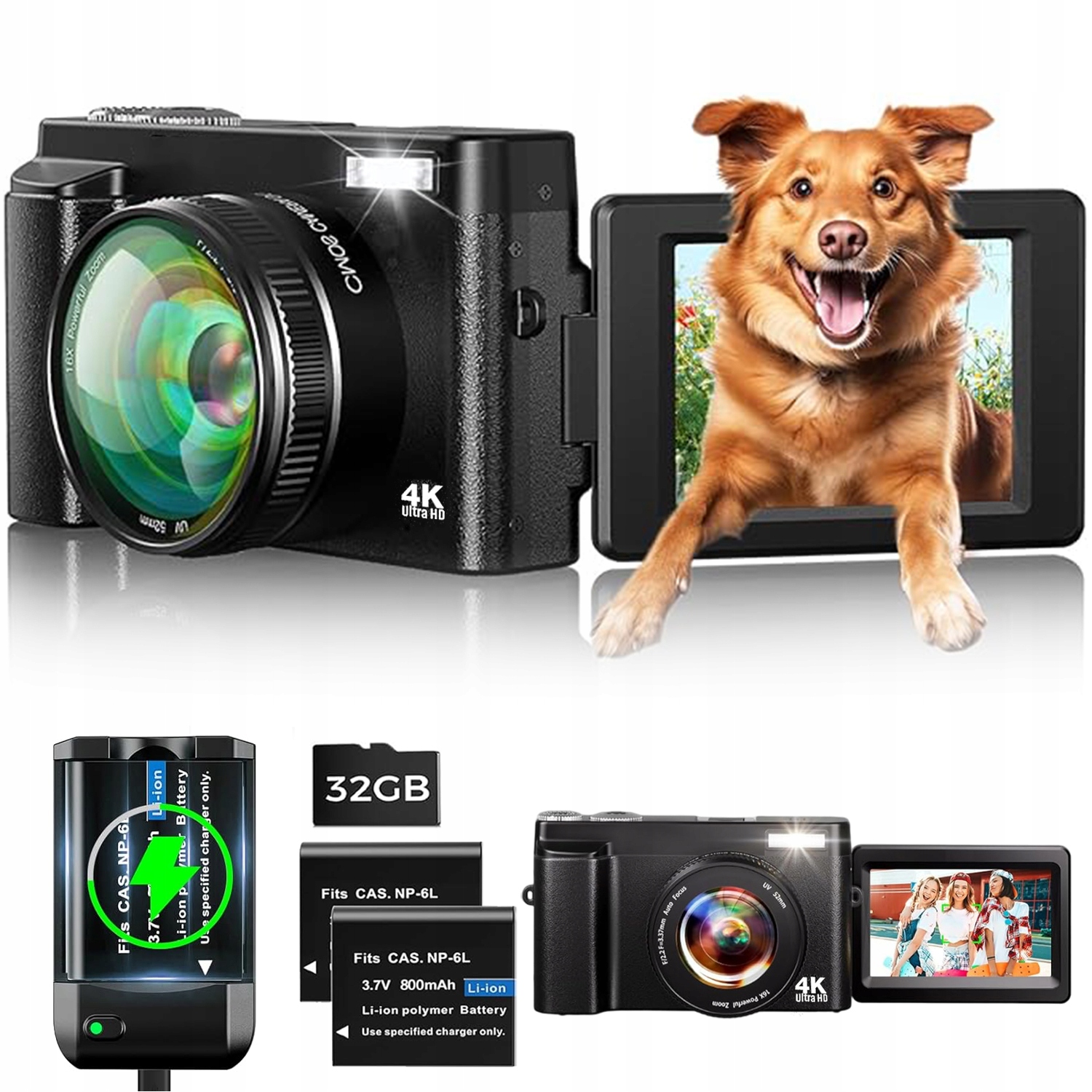 Digitální Fotoaparát 48 Mp S Otočným Displejem 3" 16X Zoom 2 Baterie 32 Gb Karta