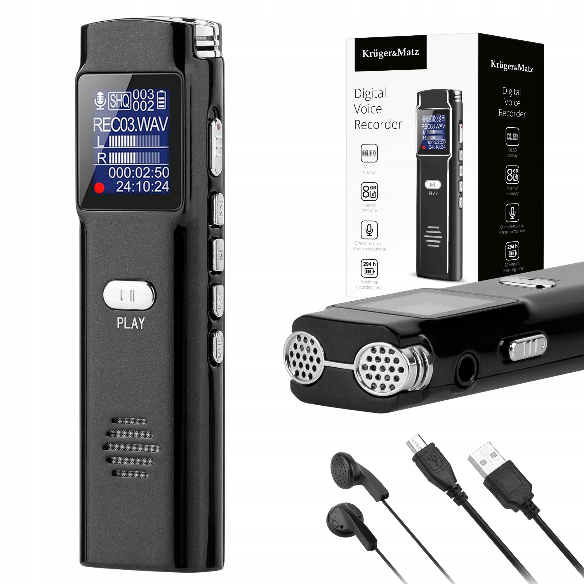 Digitální diktafon 8GB Oled Kruger&Matz pro odposlech