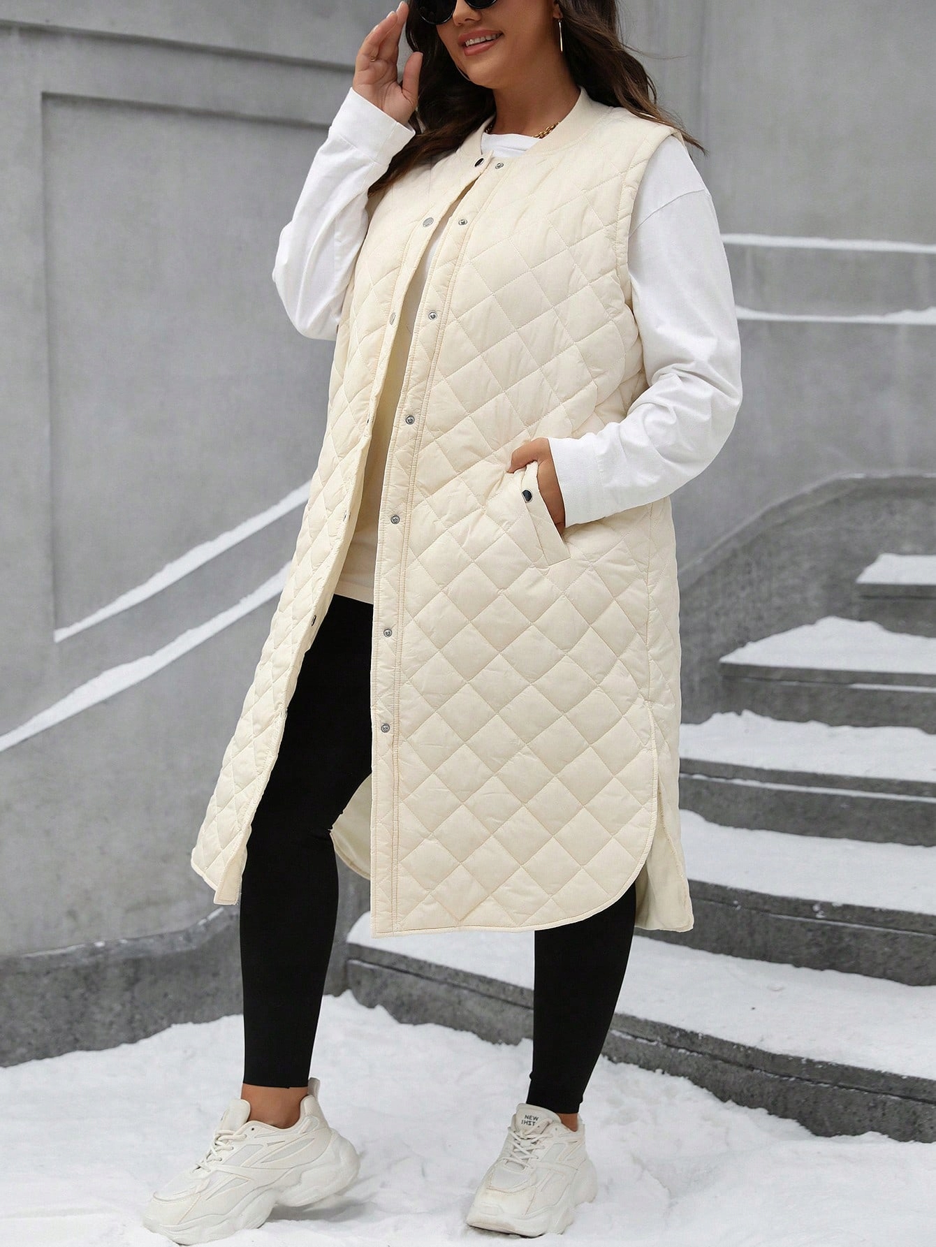 Dámská Prošívaná MIDI Zateplená Vesta, Stylová, Béžová, Casual Shein XXL