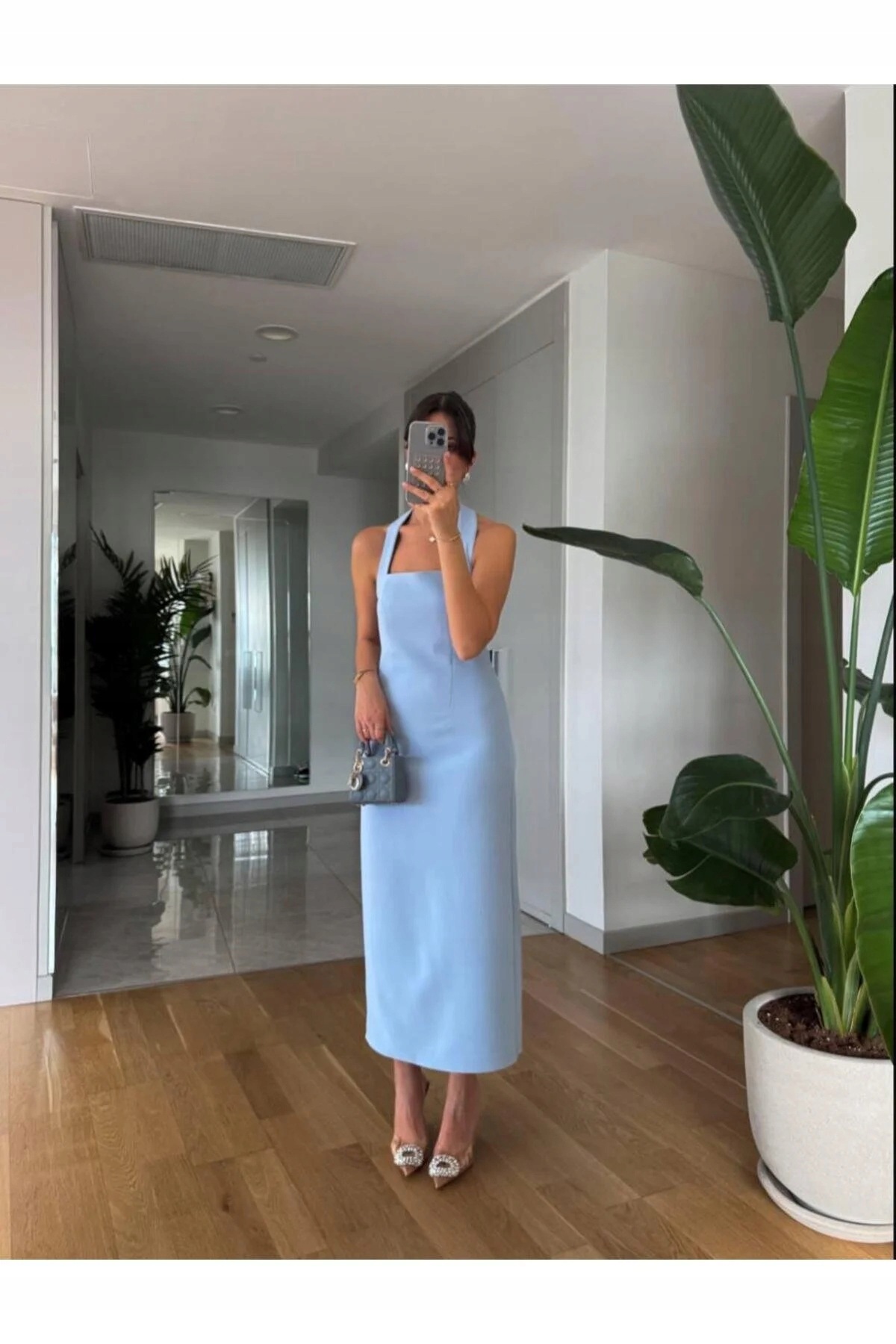 Elegantní Modré Šaty MIDI S Čtvercovým Výstřihem M 5IA