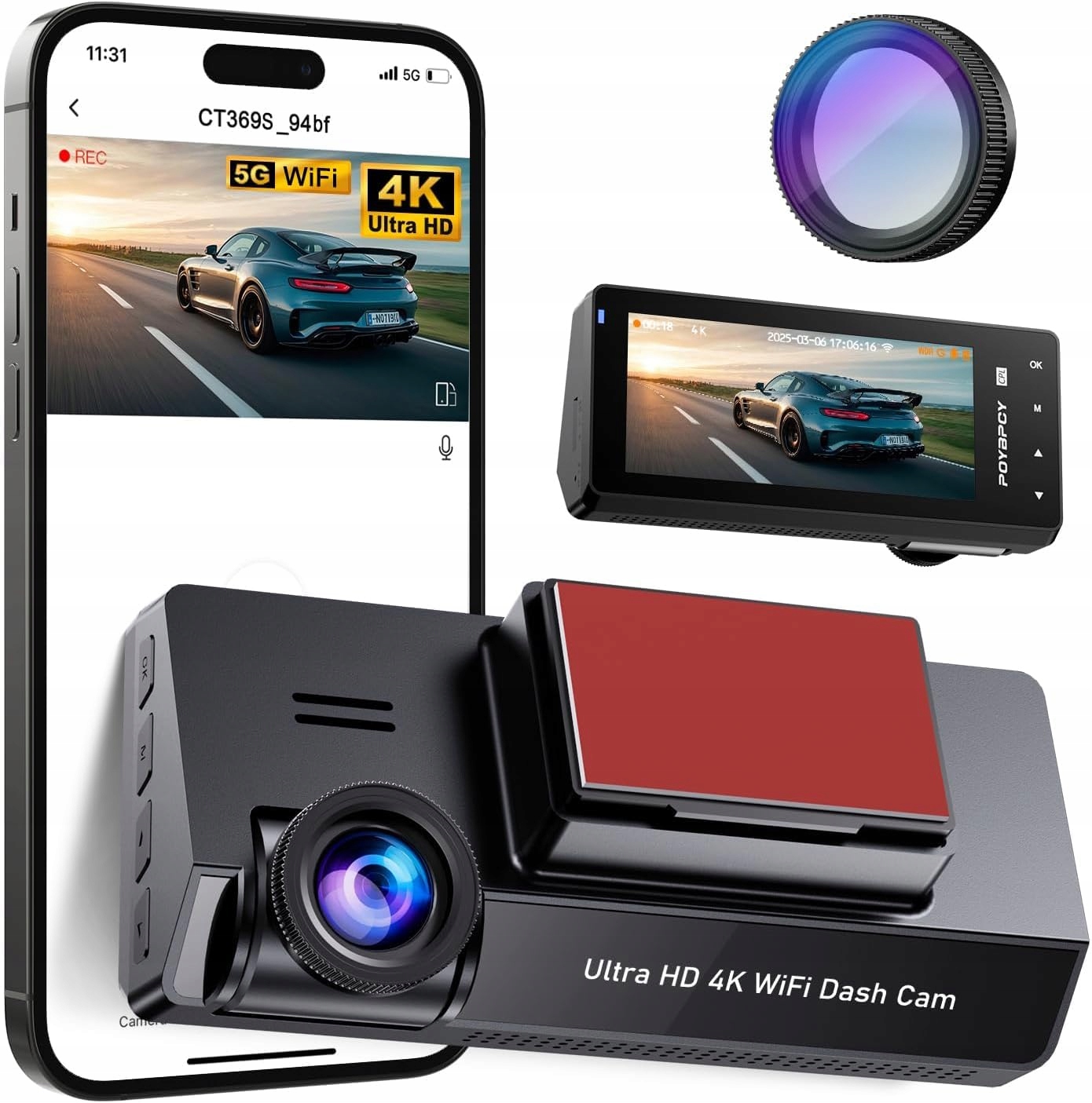 Poybpcy Predná autokamera 4K,WiFi, obrazovka IPS3.69" CT369