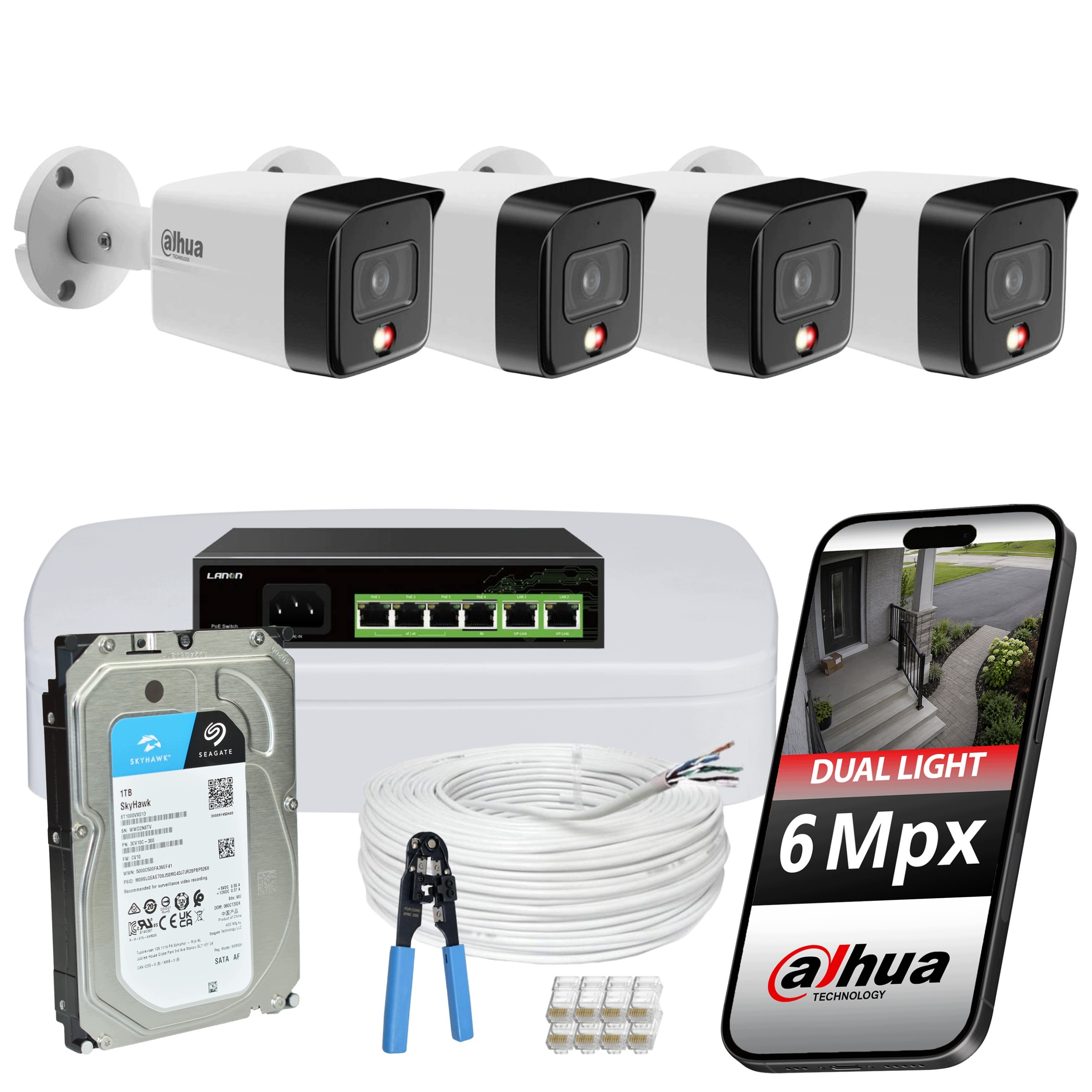 Monitorovací sada Dahua 4 tubusové kamery 6Mpx Ip PoE switch disk 1TB dům