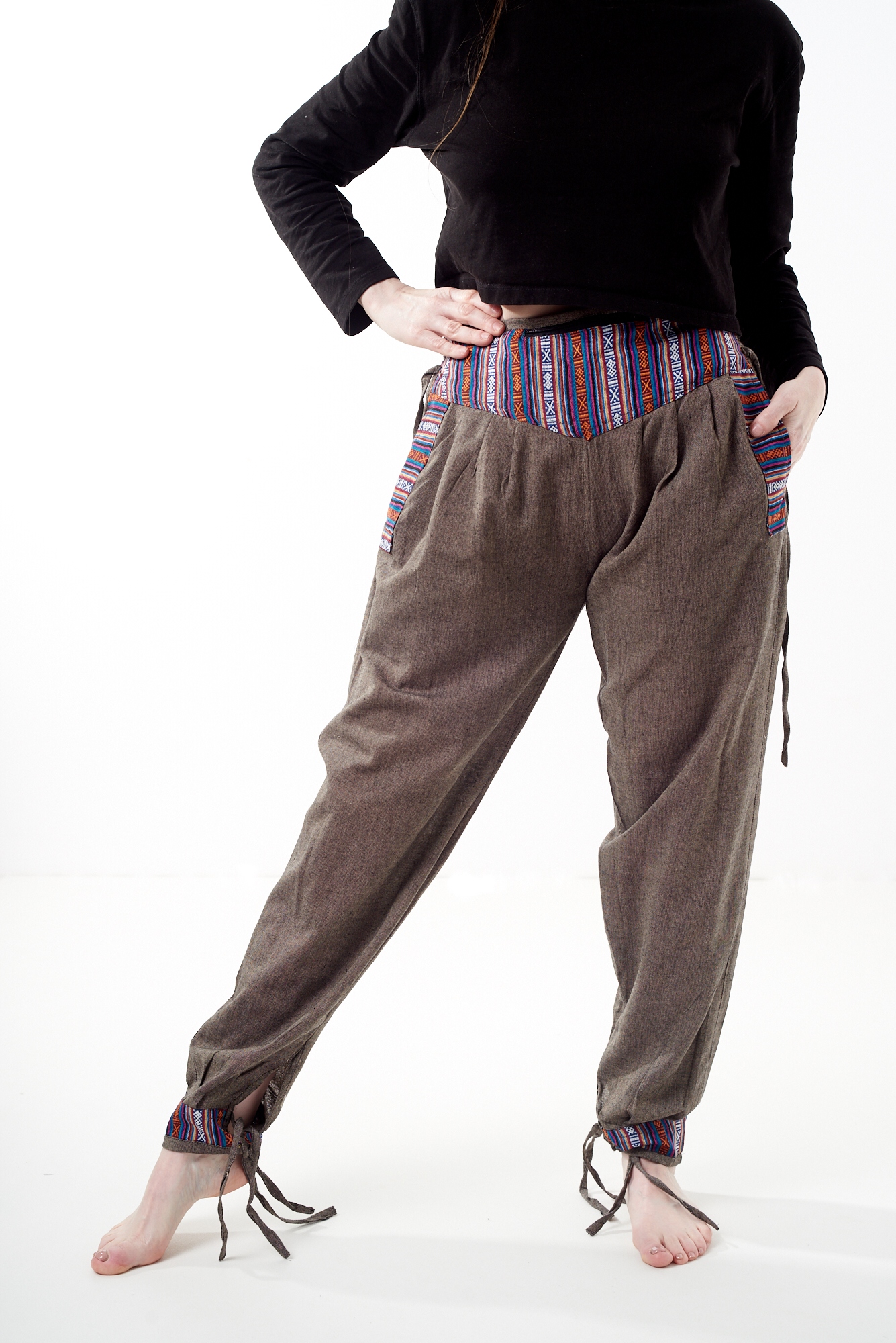 Volné Etno Kalhoty na léto z Nepálu se zavazováním, hnědé cappuccino S
