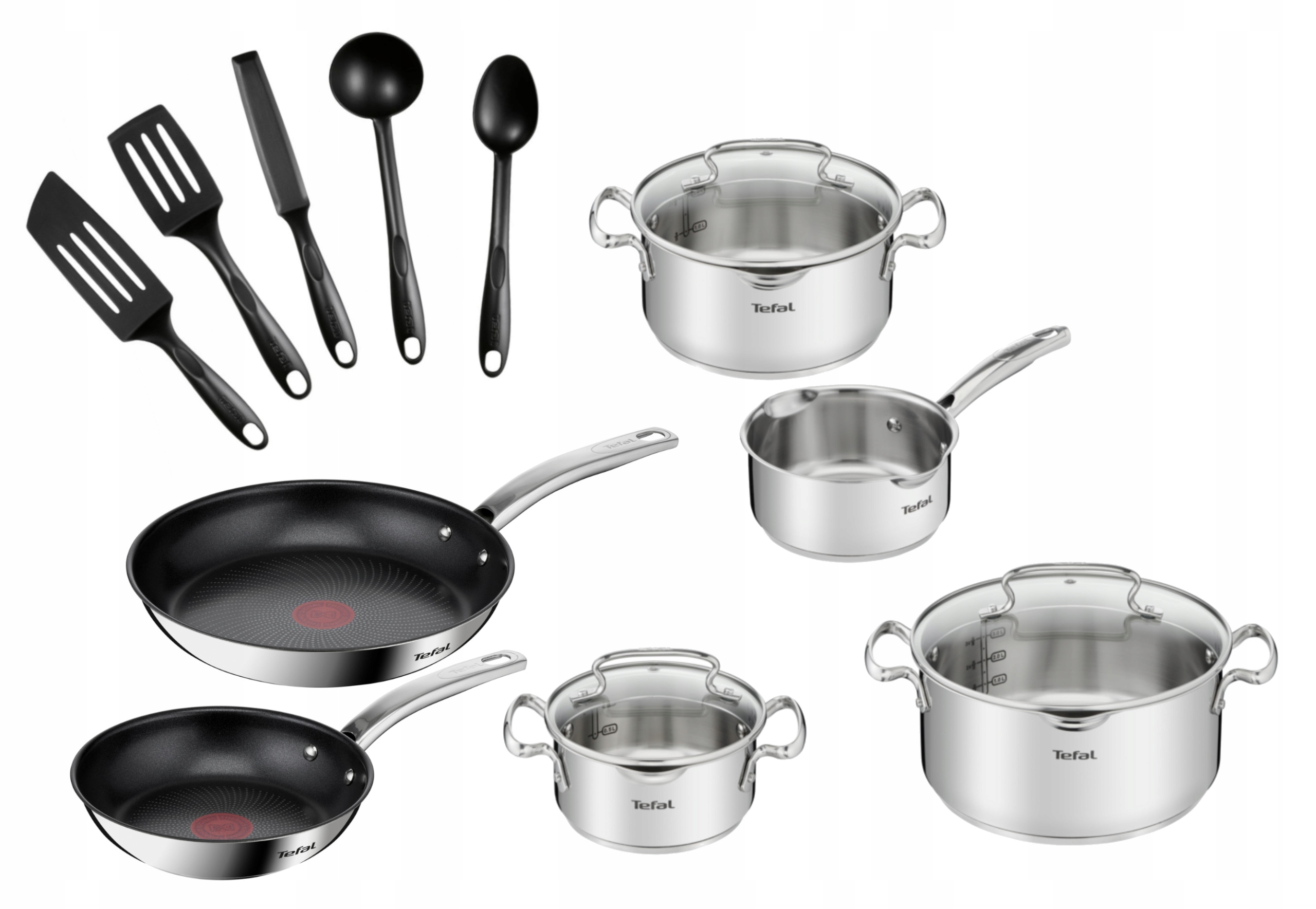 Garnki Tefal Duetto z pokrywą patelnie szpatułki
