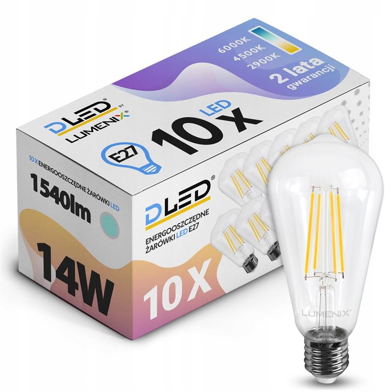 10x Żarówka E27 Led Filament Edison Ozdobna Łza 14W 1540lm Neutralna