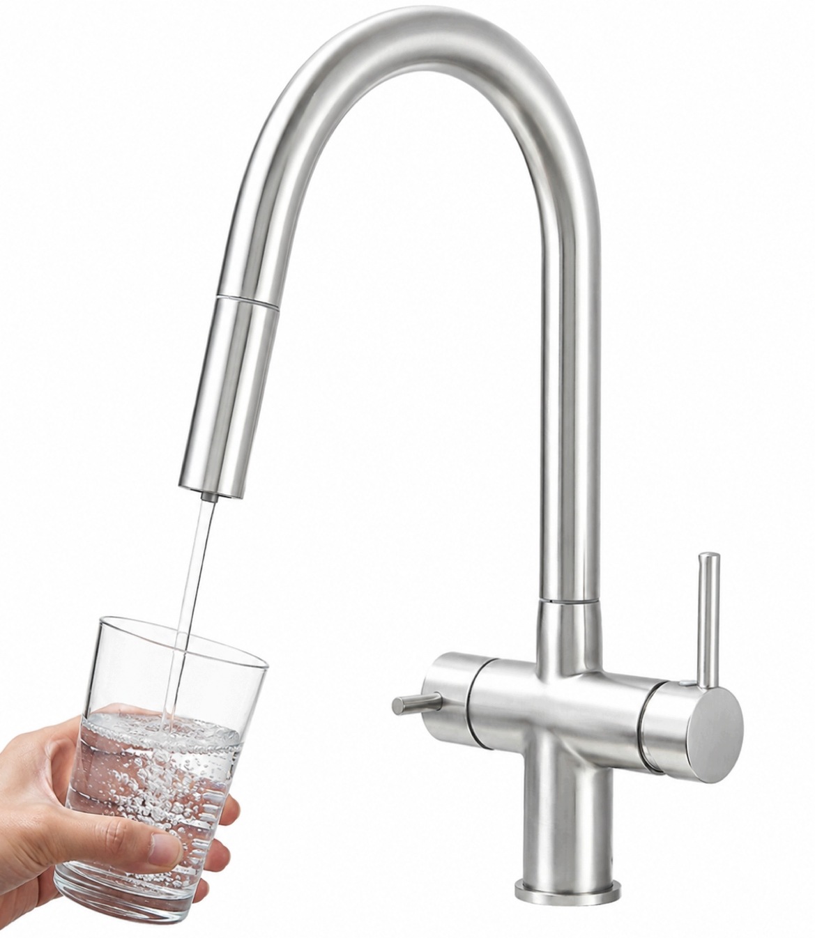Kuchynská batéria 3v1 Trojcestná Filtrácia vody Vyťahovateľná Strieborná Nikel