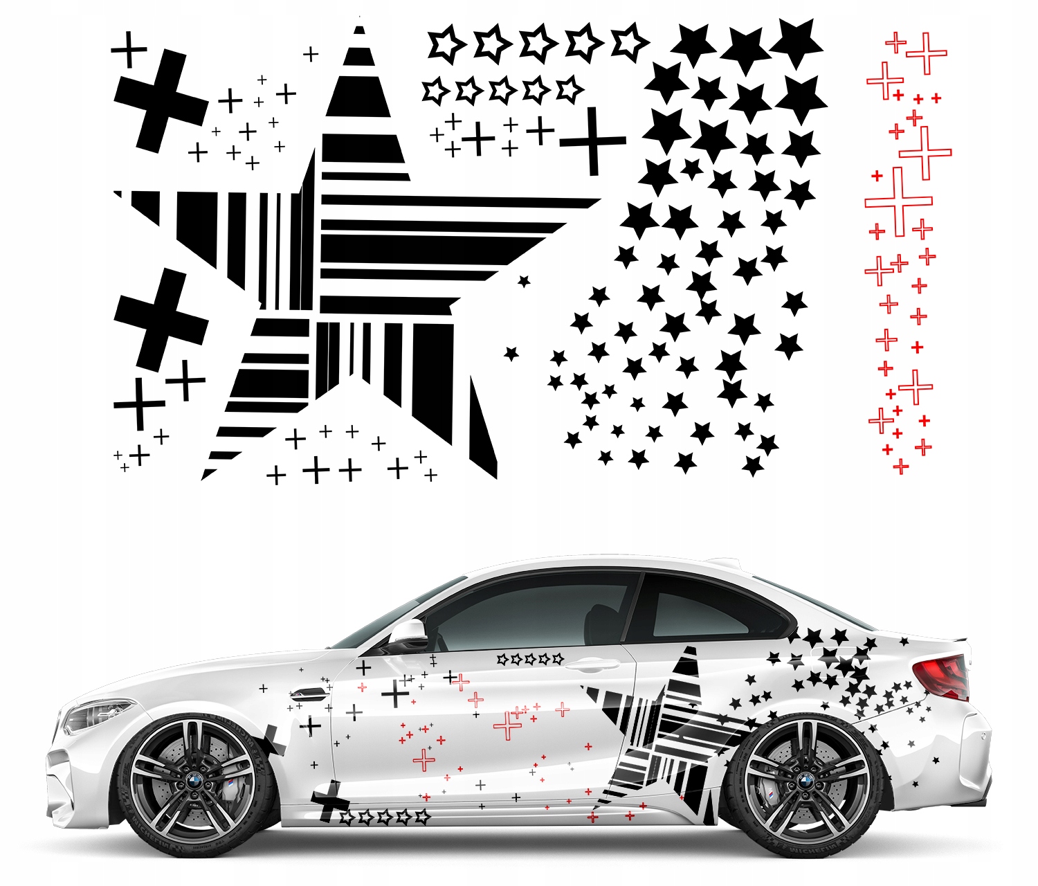 2x Samolepka Grafika na auto Motiv Maskáčový Hvězdy Stars Plusy 94x330