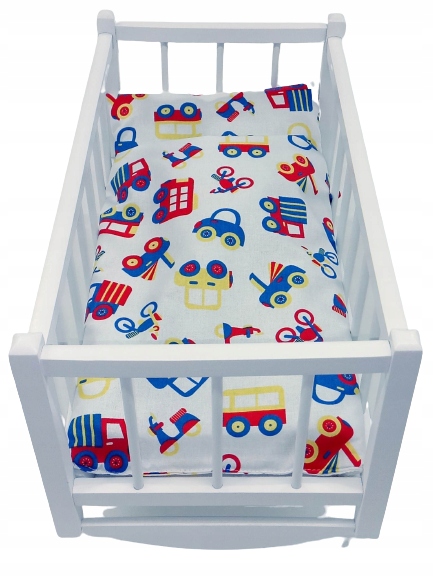 KOŁYSKA DLA LALEK BIAŁA DREWNIANA + POŚCIEL 3el