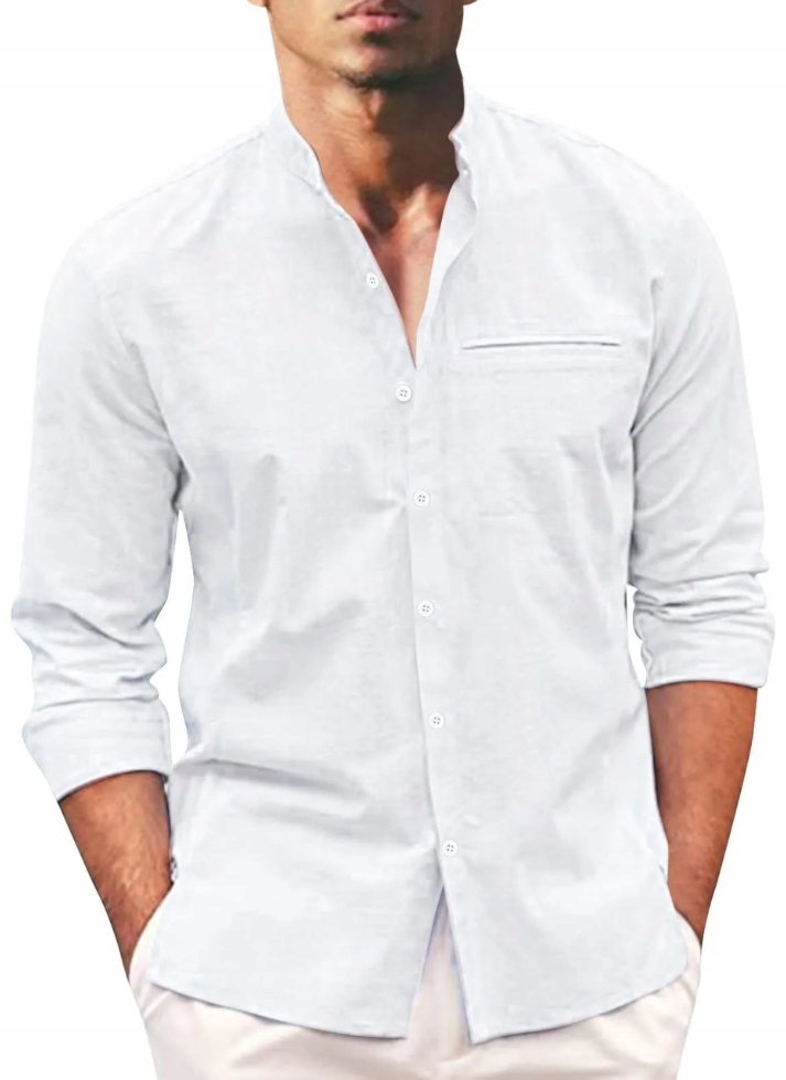 Koszula męska lniana casualowa na lato bawełniana z guzikami