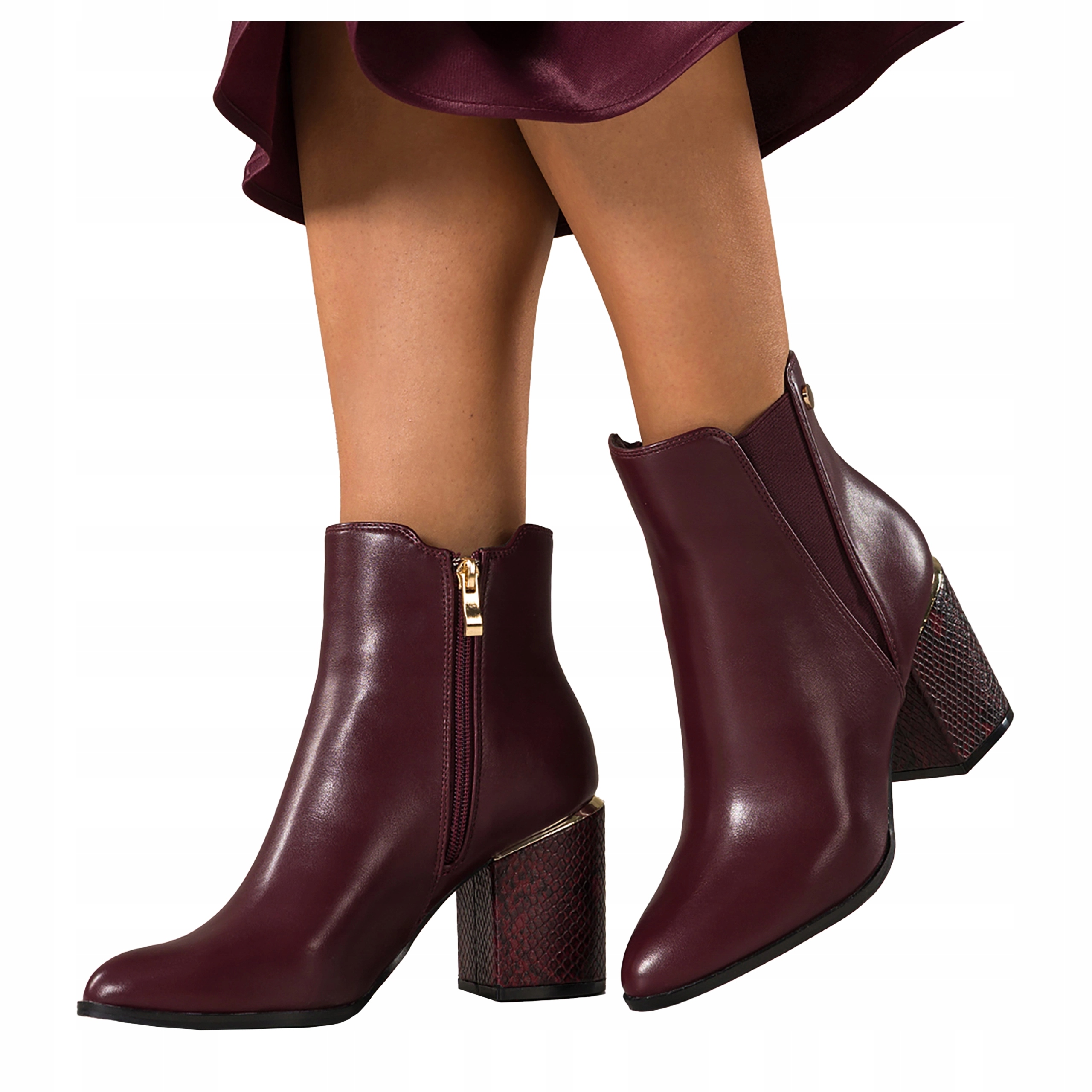 Kotníkové Boty Bordové Dámské Pohodlné Ozdobné Hadí Podpatky Zlaté Doplňky Módní vel 37