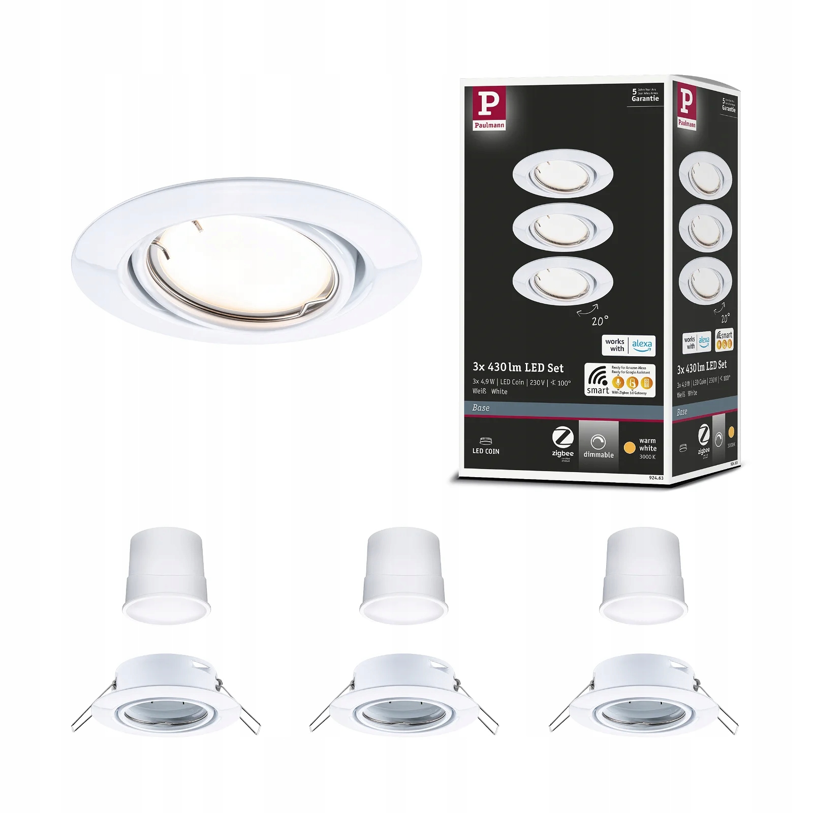 Paulmann Led zabudovatelná lampa Zigbee Base Coin 3x4,9W 90 mm bílá, stmívatelná