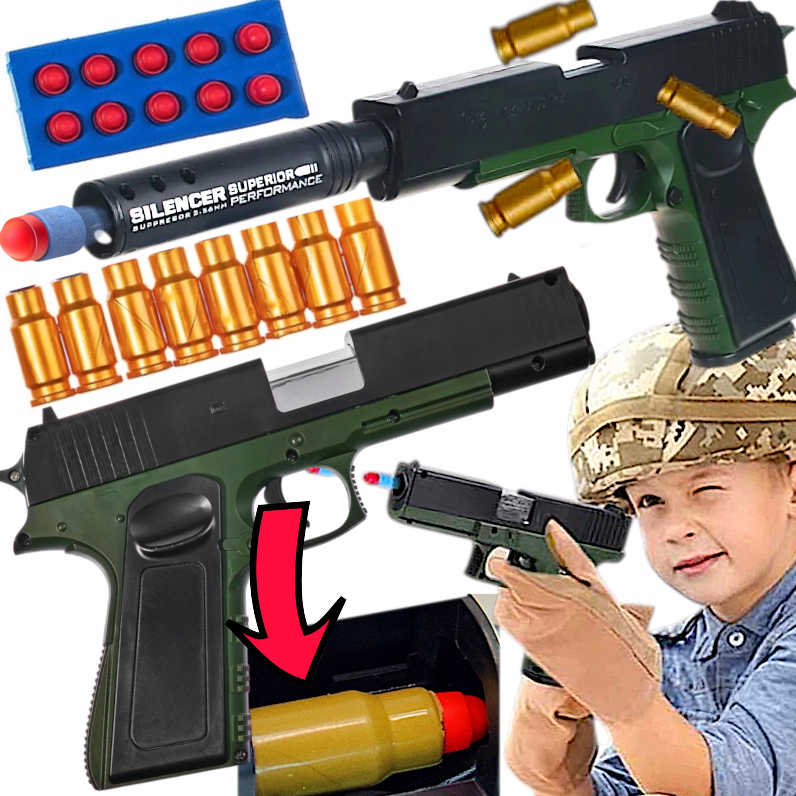 POLICYJNY PISTOLET GLOCK NA STRZAŁKI NABOJE PIANKI EVA POCISK ŁUSKA +TŁUMIK