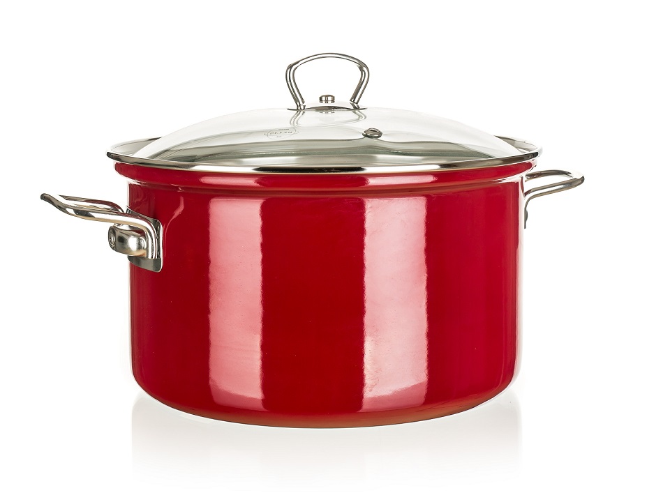 Hrniec smaltovaný, červený, pevný, ťažký, 24 cm, 6,1 l