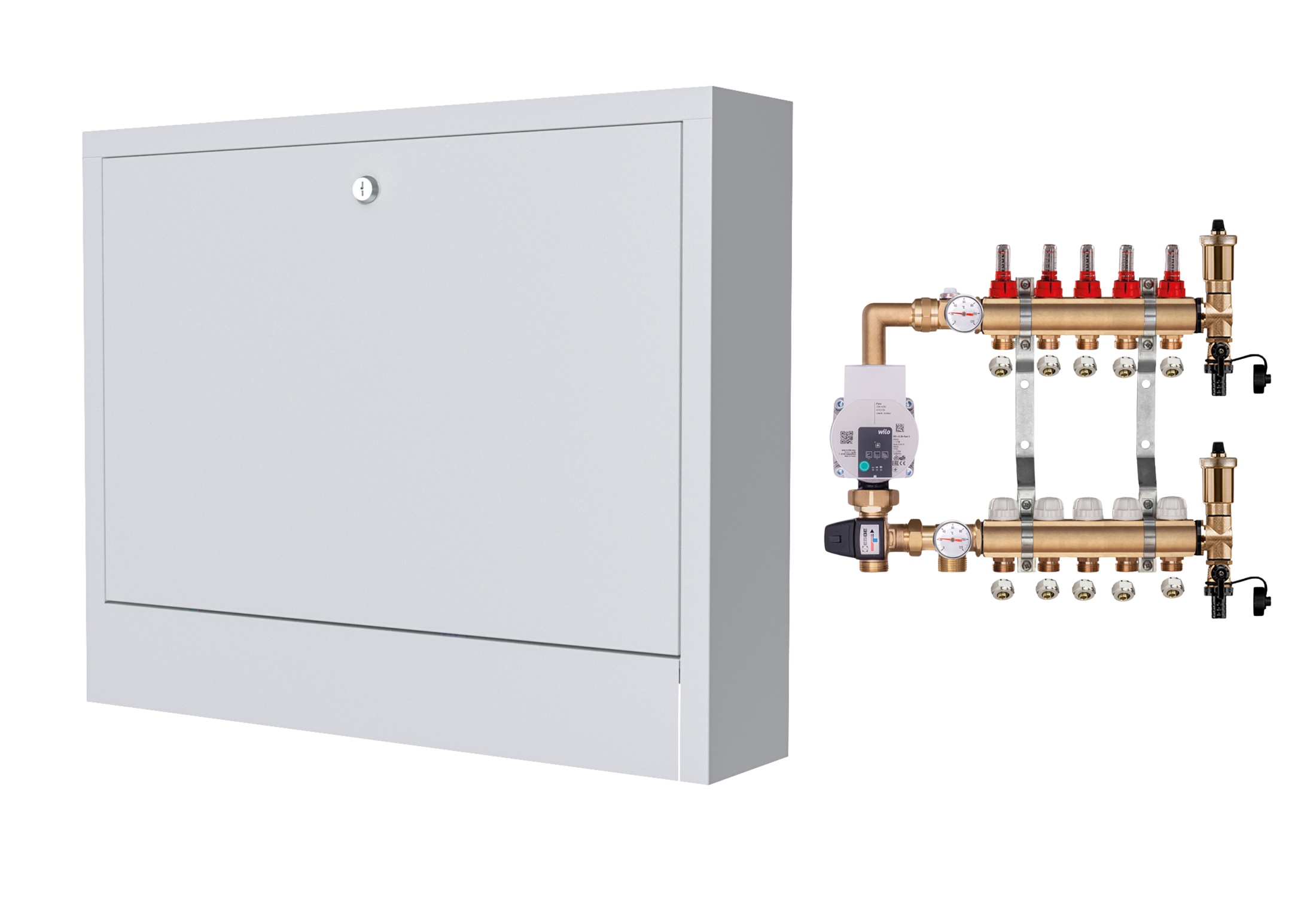 Mosazný Rozdělovač Pro Podlahu 5 S Čerpadlem Wilo+nástěnná Skříňka+pex