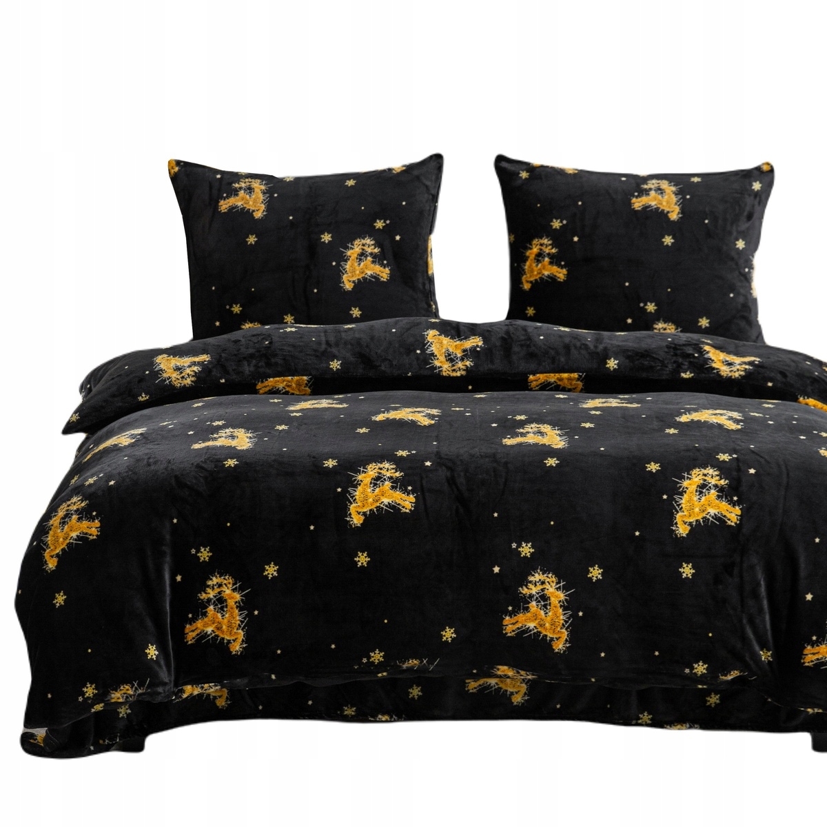 Povlečení z fleecu XmasCozy 220x200, vánoční velur, černý se zlatými soby