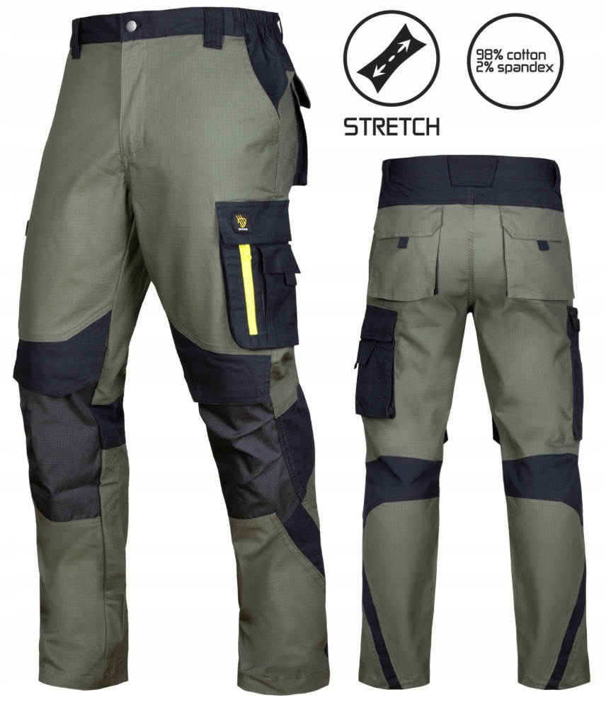 Elastické pracovní kalhoty olivová Khaki Rip-stop Ultra Stretch spandex Bozp