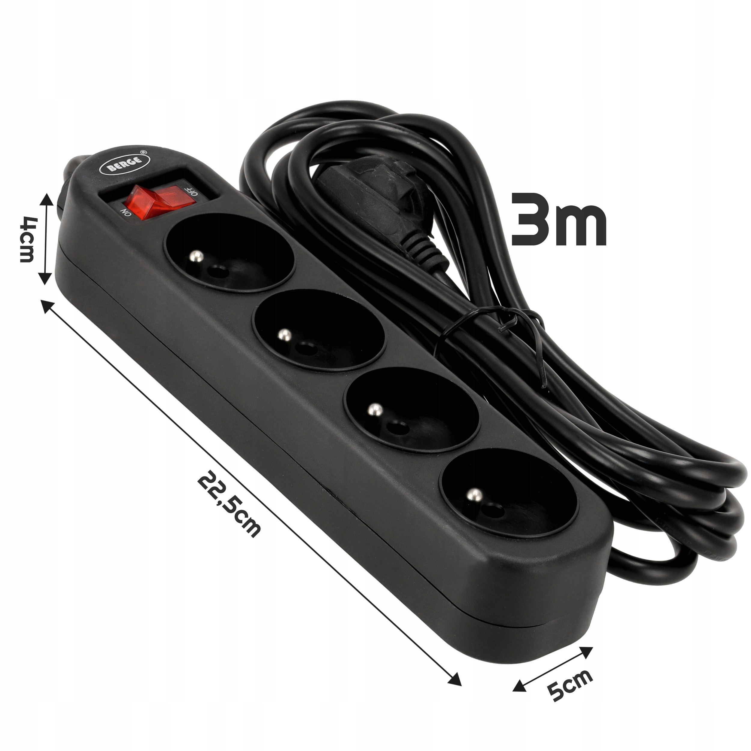 PRZEDŁUŻACZ LISTWA ZASILAJĄCA WŁĄCZNIK 4 GNIAZDA 3m Z UZIEMIENIEM Typ listwowy