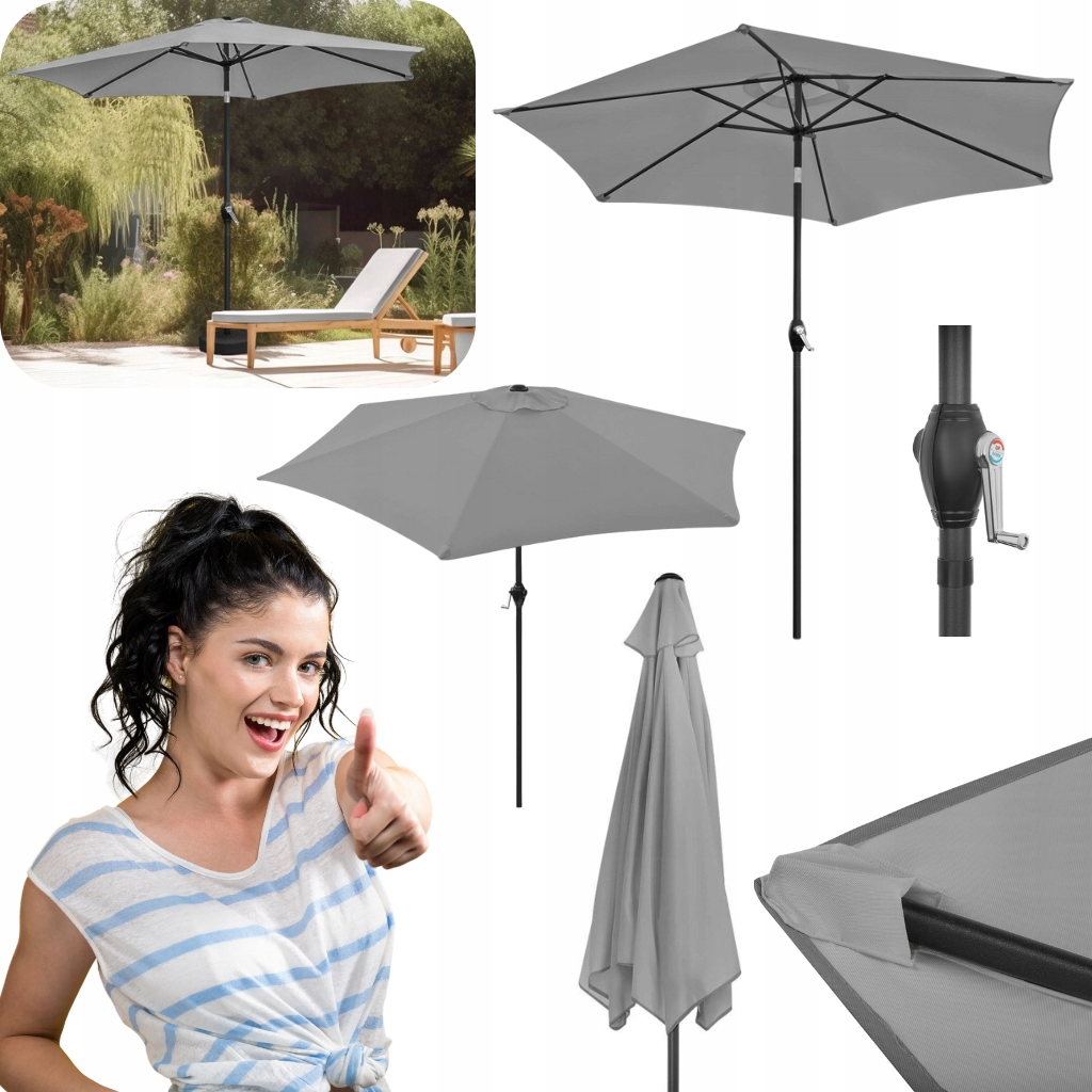 Duży Parasol Ogrodowy Balkonowy Na Taras Regulowany 210 CM Szary Składany