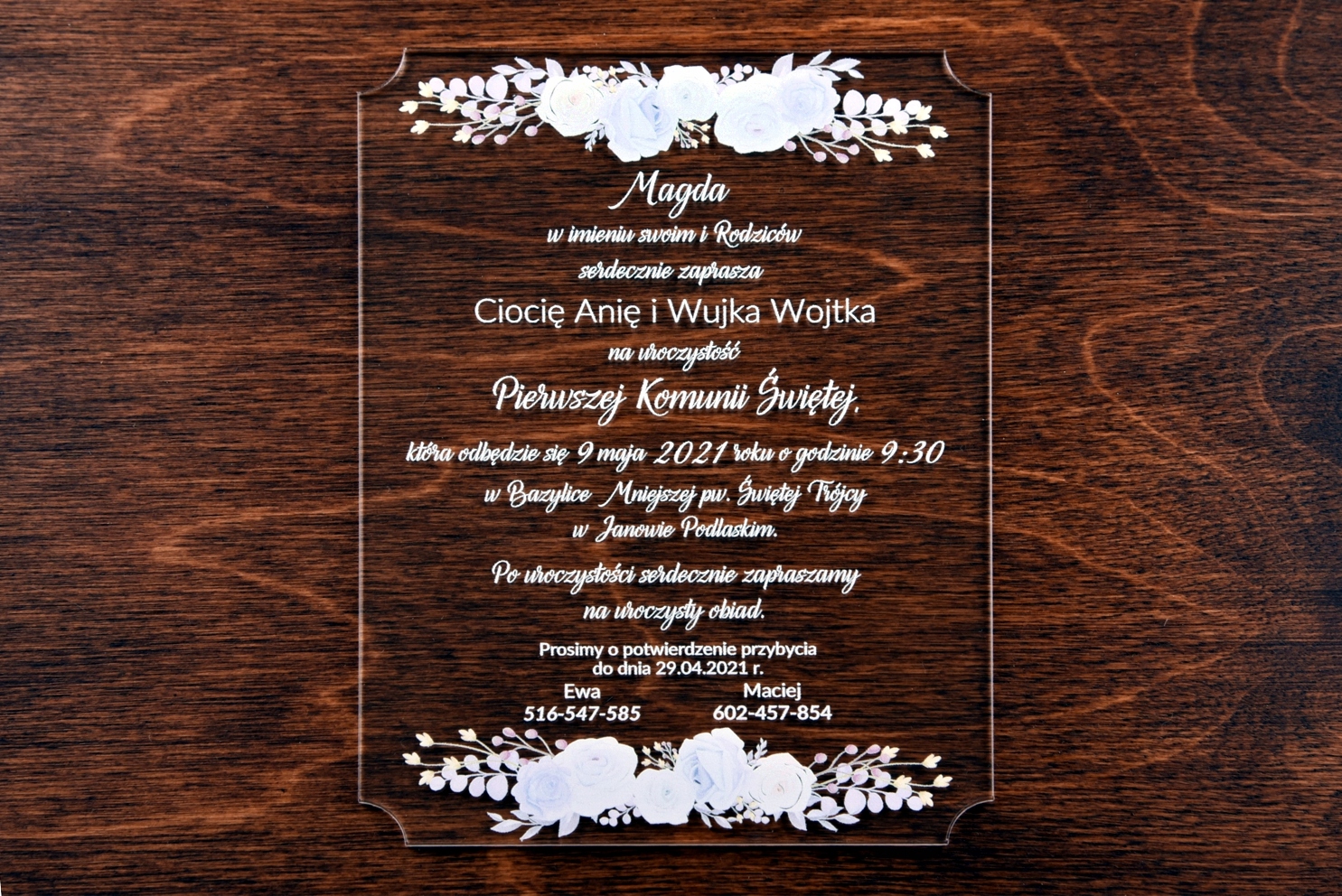 Zaproszenie I Komunia Święta AKRYLOWE eleganckie Kolor dominujący bezbarwny