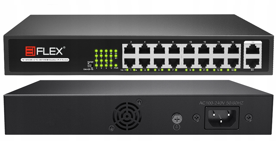 Poe Switch pre Ip kamery 16x PoE Fast Ethernet 2x Uplink 10/100/1000Mbps