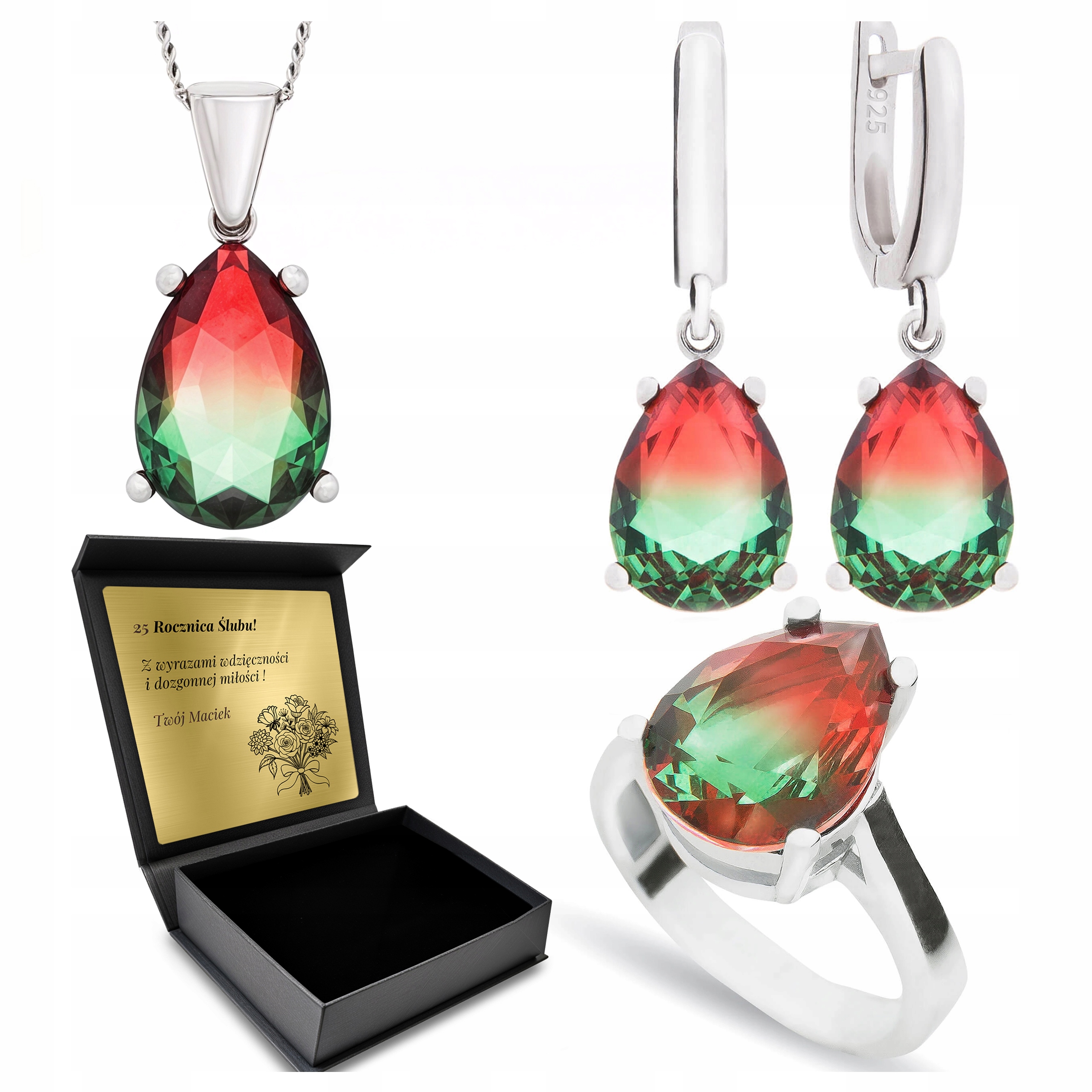 Komplet Stříbrných Šperků 925 S Turmalínem Dárek pro ženu Gravírování