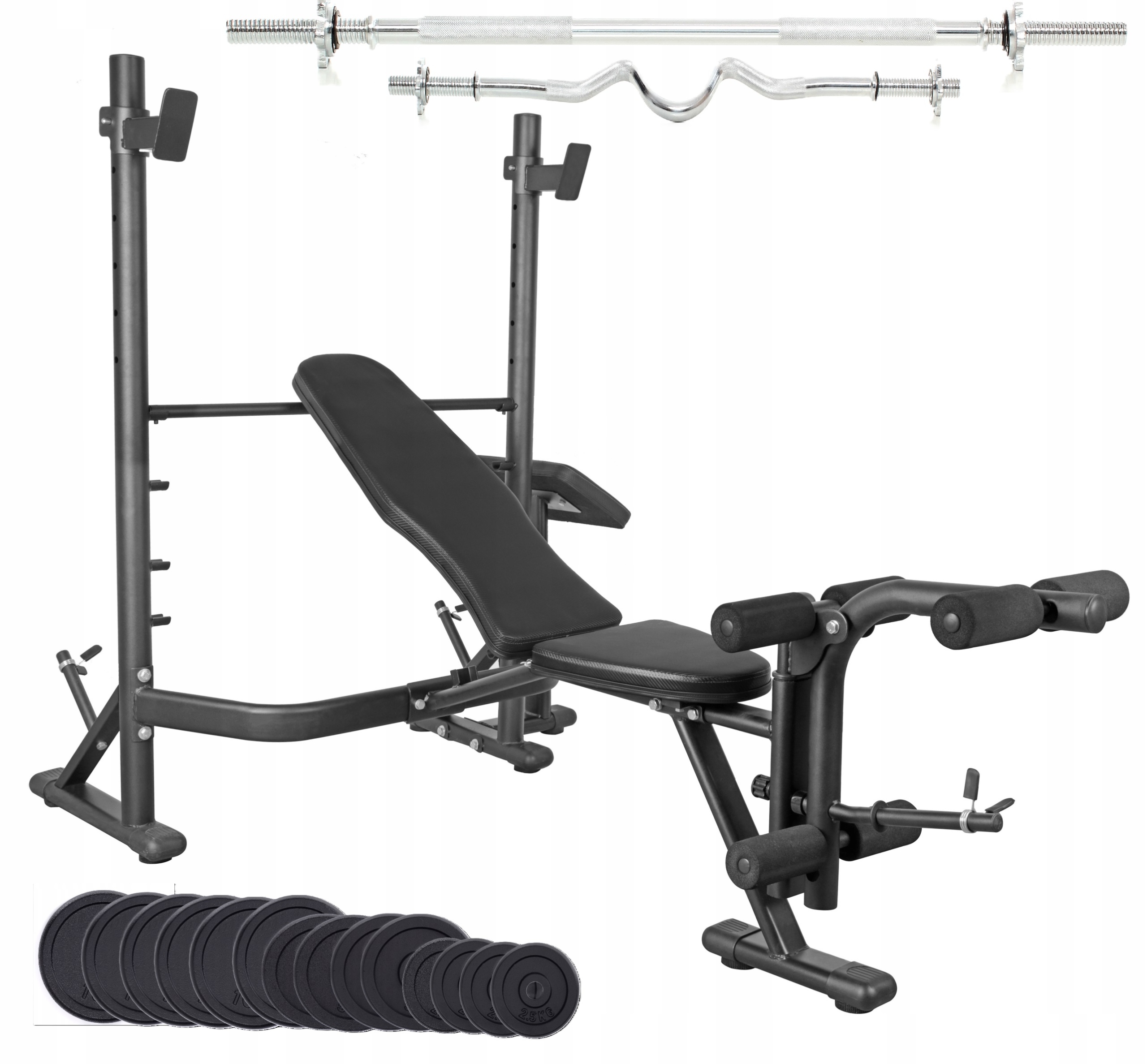 Zestaw obciążeń żeliwnych 105kg ławka treningowa regulowana sztanga