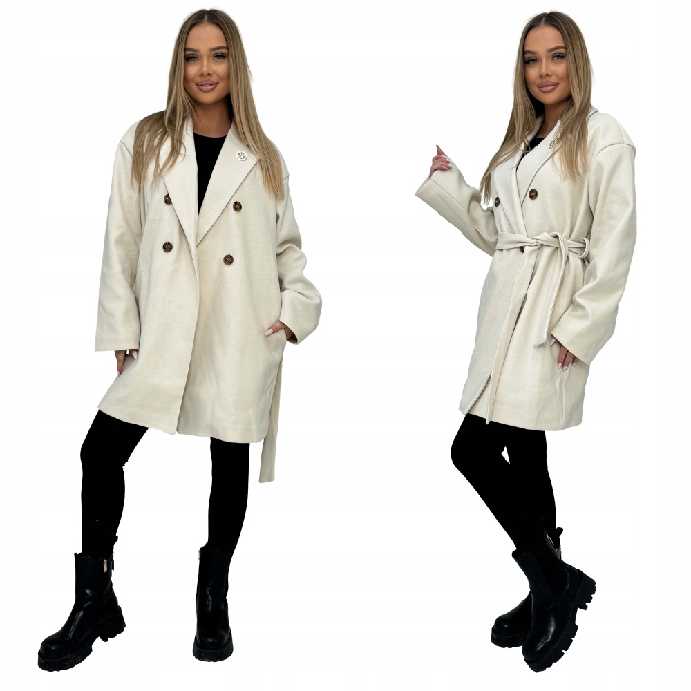 Módní béžový dámský kabát Edoti pásek s pohodlnými kapsami CLR039 vel L