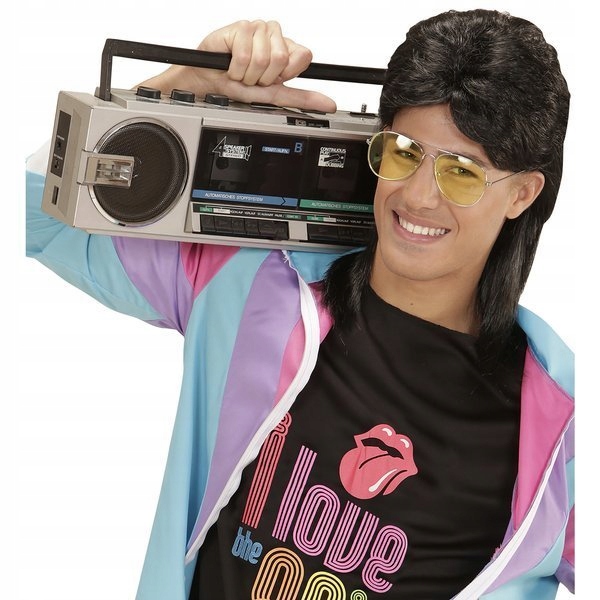 PERUKA CZARNA LATA 80 90 DISCO + OKULARY KAZIK DŁUGIE CZARNE WŁOSY PARTY Marka Widmann