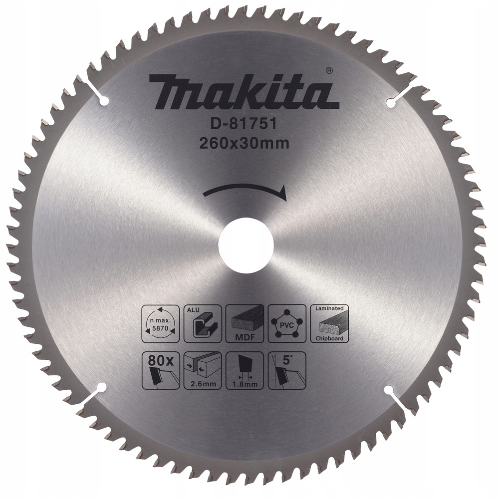 Makita Tarcza do cięcia Aluminium Mdf Pvc 260x30 80Z uniwersalna D-81751