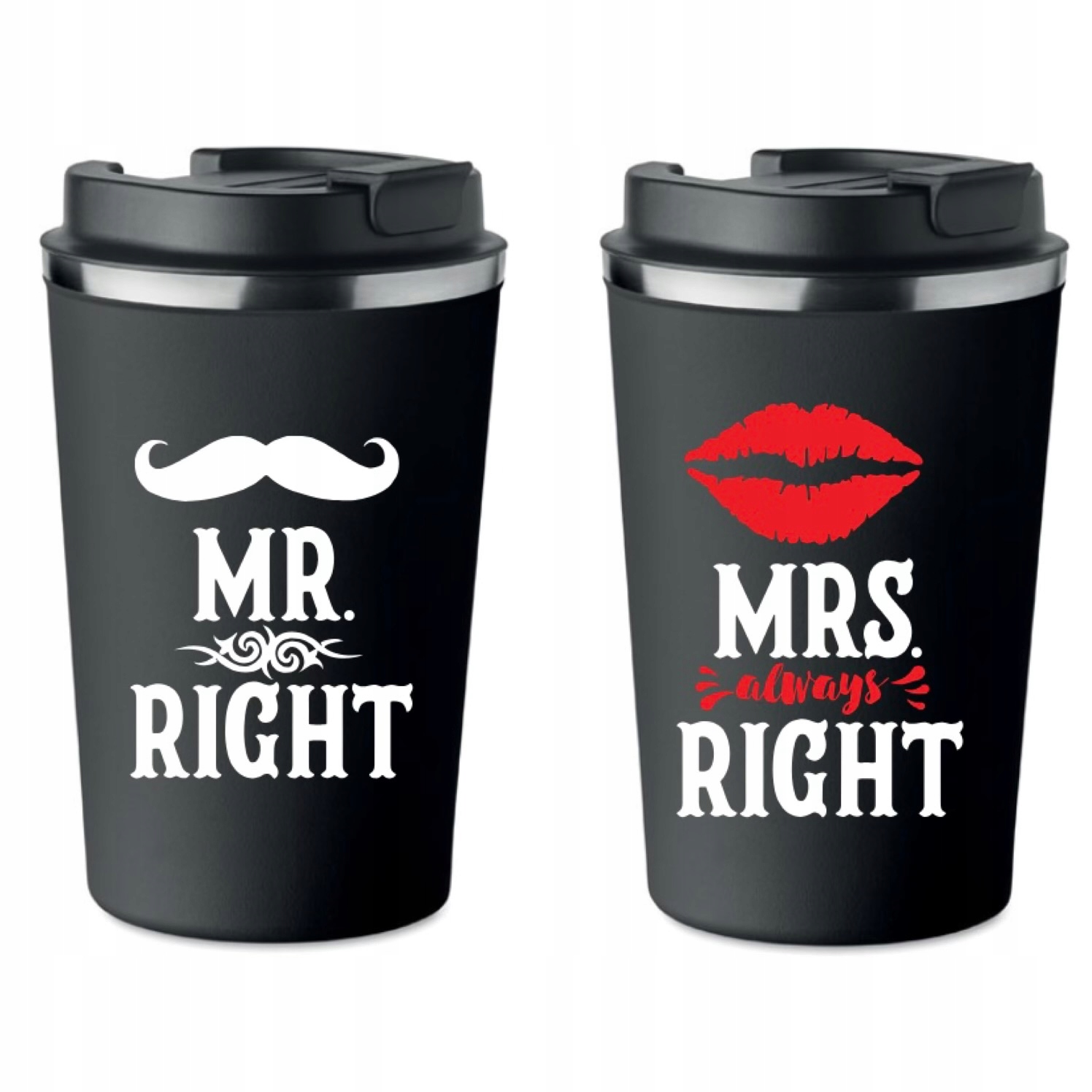 Sada 2 černých termohrnků, dárek Svatba Mrs Mr KT_495
