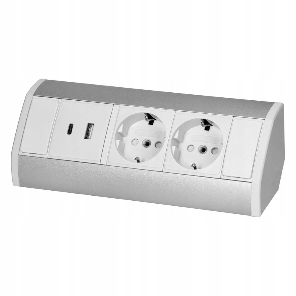 Nábytková zásuvka 2x2P+Z (Schuko), 2xUSB (typ A+c; 2,4A), bílo-stříbrná