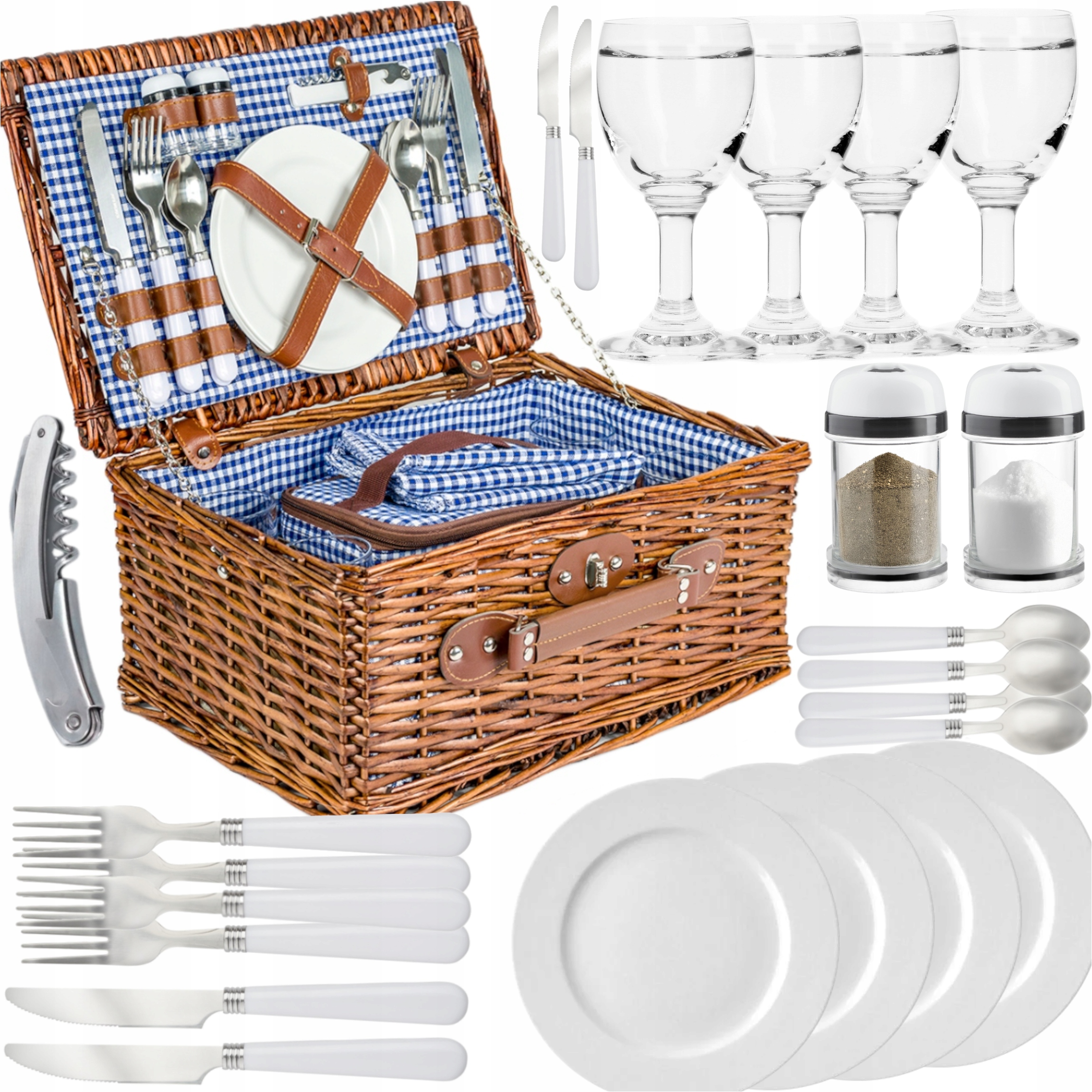 Pletený Piknikový Koš Premium Pro 4 Osoby Talíře Sklenice Příbory Taška