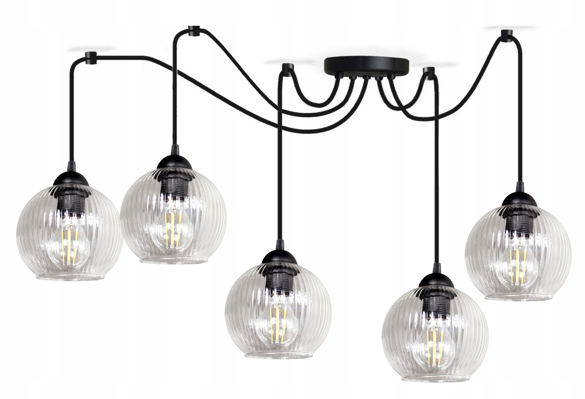 Luster na závesnú stropnú lampu Pavúk Ryflované Kloše, čierna lampa loft