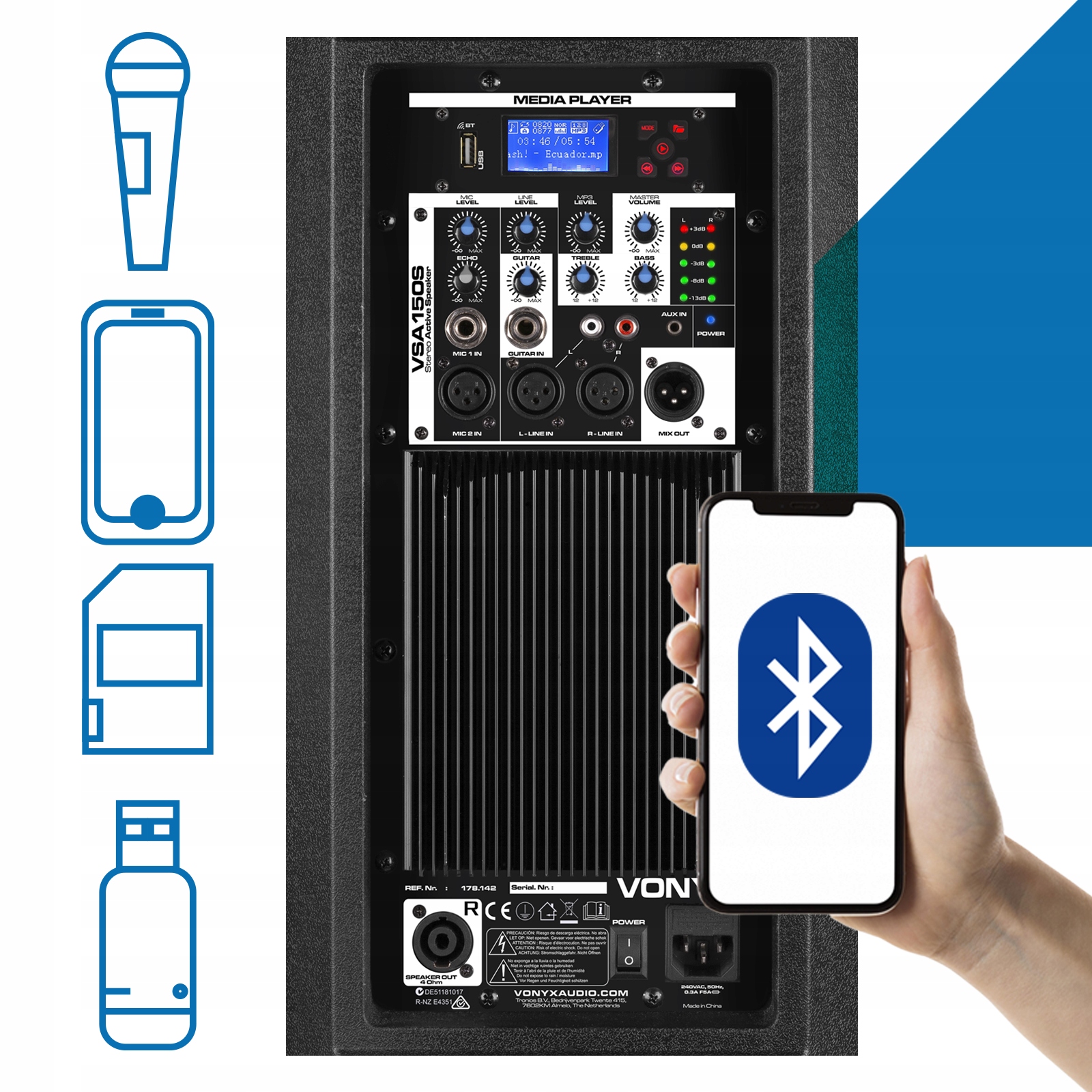 Zestaw aktywny 2x kolumna BT nagłośnienie Vonyx Złącza USB