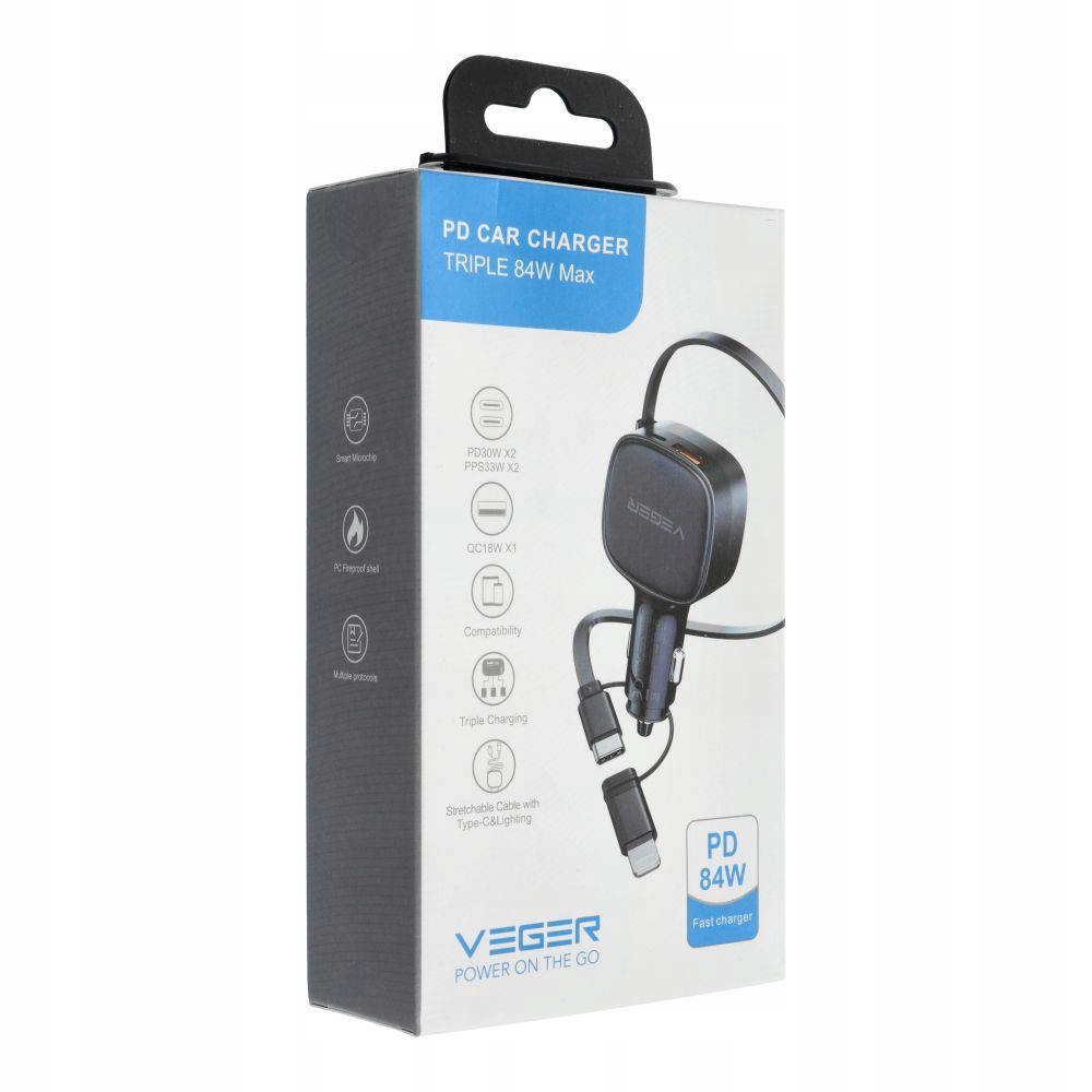 Veger Ładowarka Samochodowa Usb C Kabel Usb C do Lightning Qc Pd 84W