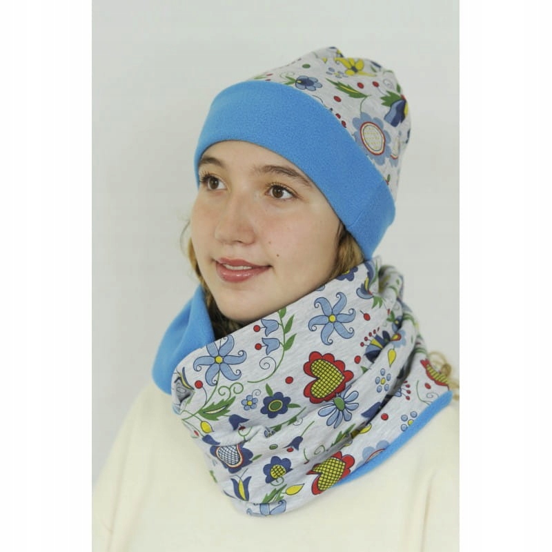 Sada kašubské lidové čepice a nákrčník (modrá)