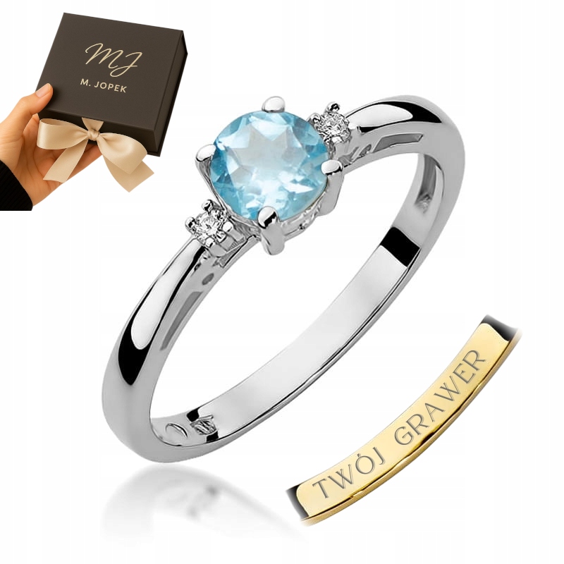 Prstýnek Z Bílého Zlata 585 S Topazem A Gravírování Diamanty 0,50 Kara