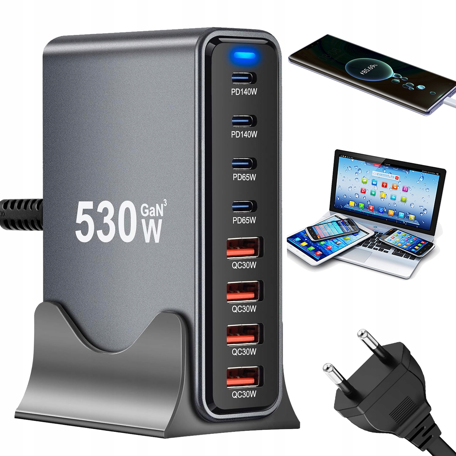 Usb Nabíječka C Gan III 530W S 8 Porty Pro Nabíjení Více Zařízení