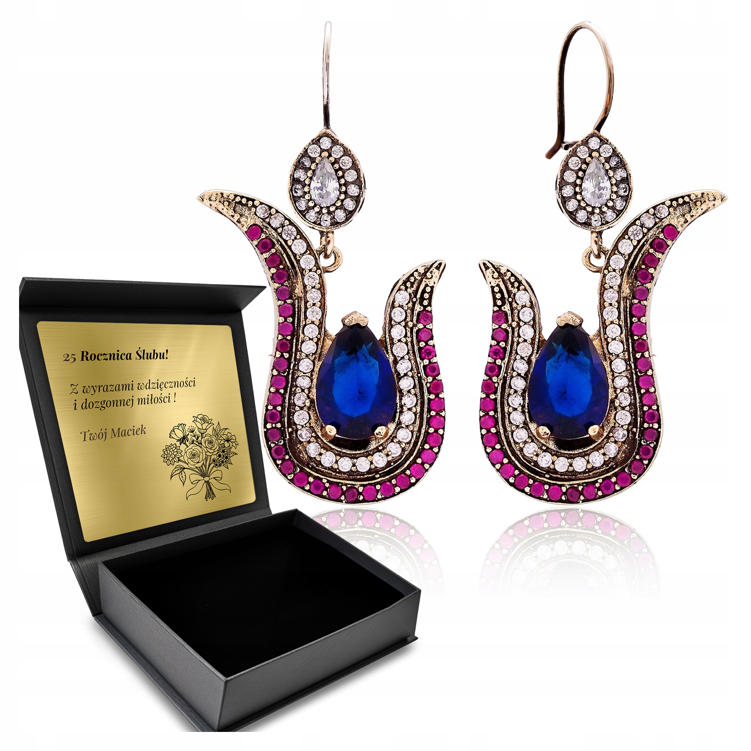 Stříbrné Náušnice 925 Zirkony Safírové Šperky Pro Ženy Gravírování Bonus